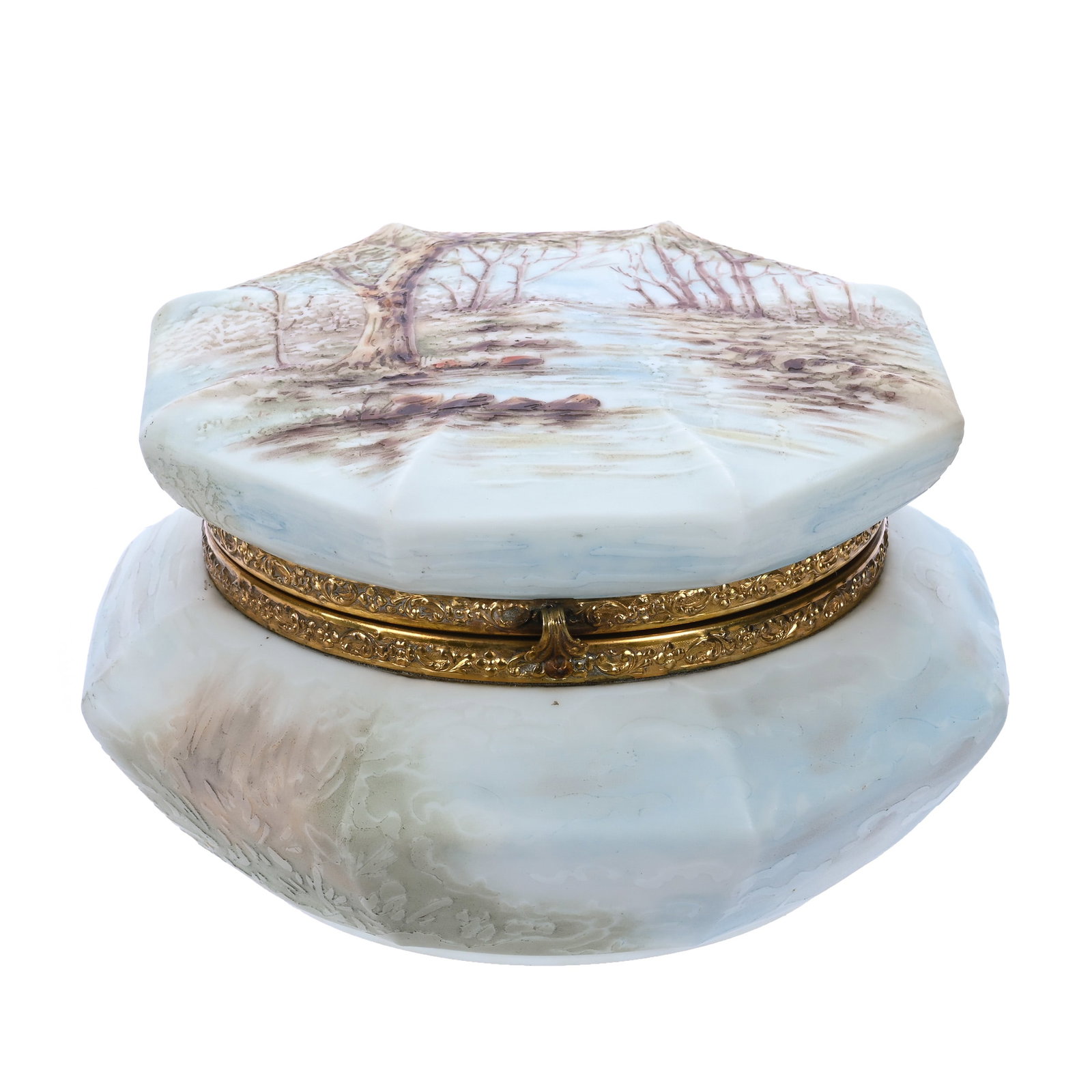 Eight-Sided Dresser Box, Unmarked Wave Crest, Cameo Carved: Eight-Sided Dresser Box, Unmarked Wave Crest, Cameo Carved, 8.25 x 8.25 x 5 Inches, Stream And Forest Decor, Original Lining, Extremely Fine Example, 3.5 Pounds, John And Doris Carty Estate