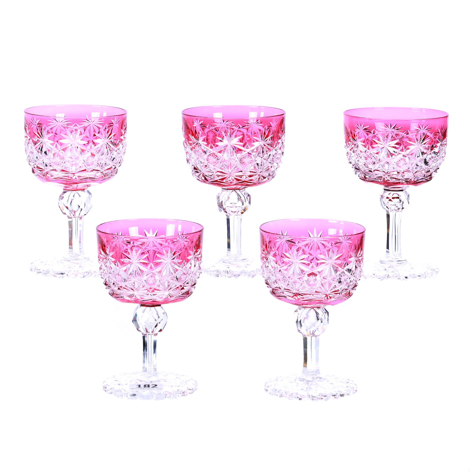 (5) Wine Stems, American Brilliant Cut Glass, Cranberry Cut To Clear, Russian Pattern With Star Cut: (5) Wine Stems, American Brilliant Cut Glass, Cranberry Cut To Clear, Russian Pattern With Star Cut Buttons, 4.25 x 2.75 x 2.75 Inches, Scalloped Star Cut Foot, Original Rims, Nice Set, 1.9 Pounds,