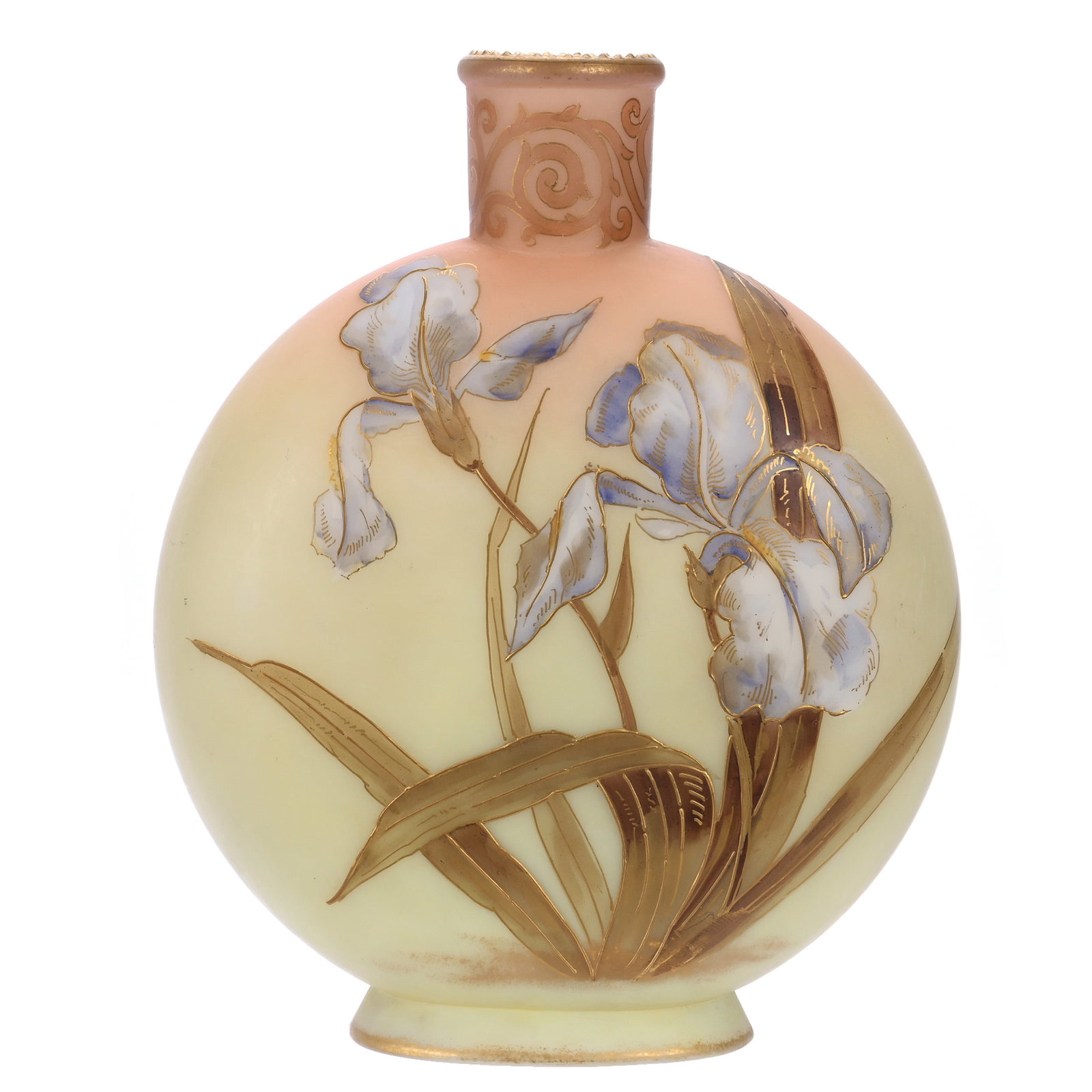 Canteen Vase, Marked Smith Brothers: Canteen Vase, Marked Smith Brothers, 8.5 x 6.75 x 2.75 Inches, Burmese Opalware With Iris Enamel Decor, Fine Example, 1.8 Pounds, John And Doris Carty Estate Collection, IA, Effective 6/6/26 - All