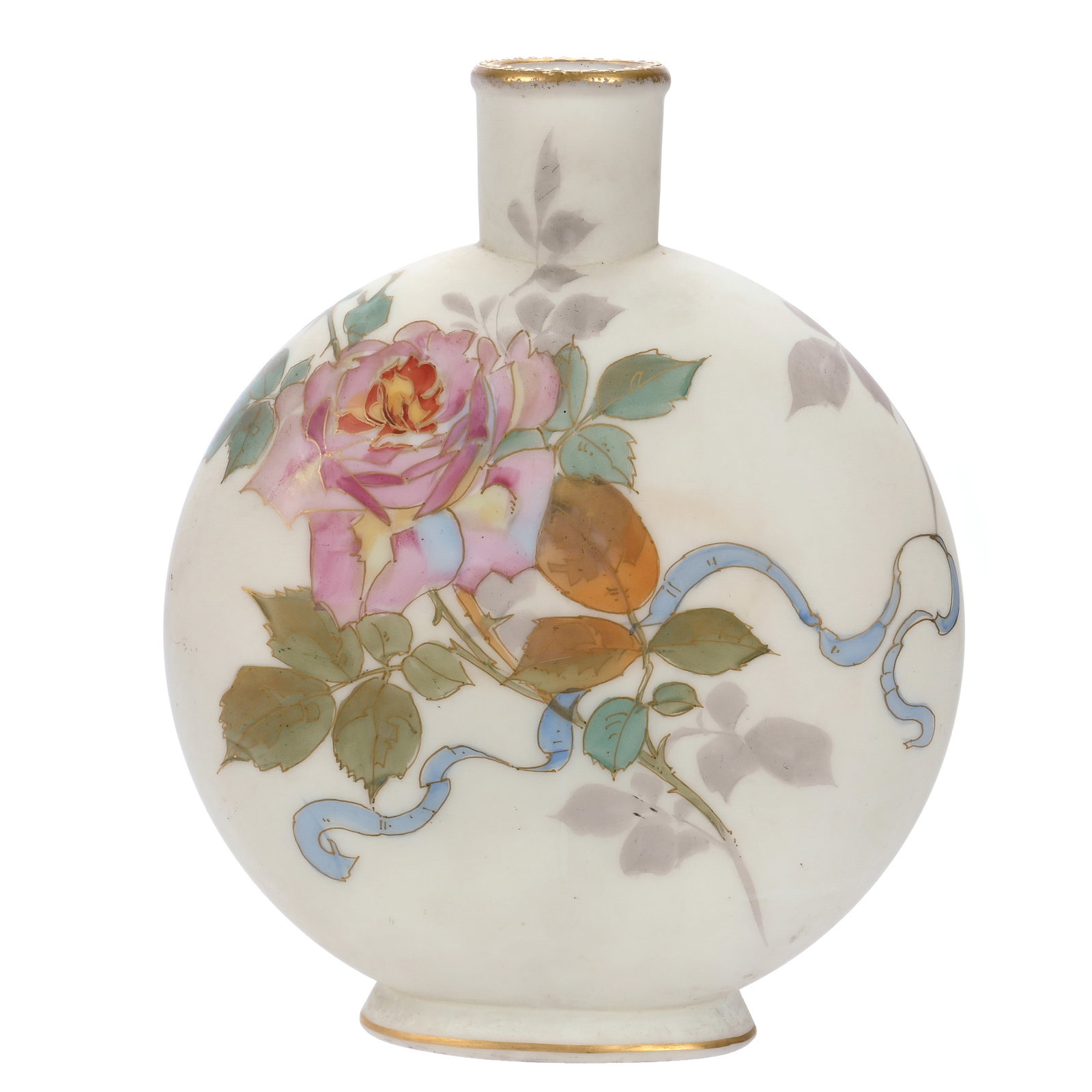 Canteen Vase, Marked Smith Brothers: Canteen Vase, Marked Smith Brothers, 8.5 x 6.75 x 2.75 Inches, Cream Opalware With Pink Rose And Blue Ribbon Decor, 1.9 Pounds, John And Doris Carty Estate Collection, IA, Effective 6/6/26 - All