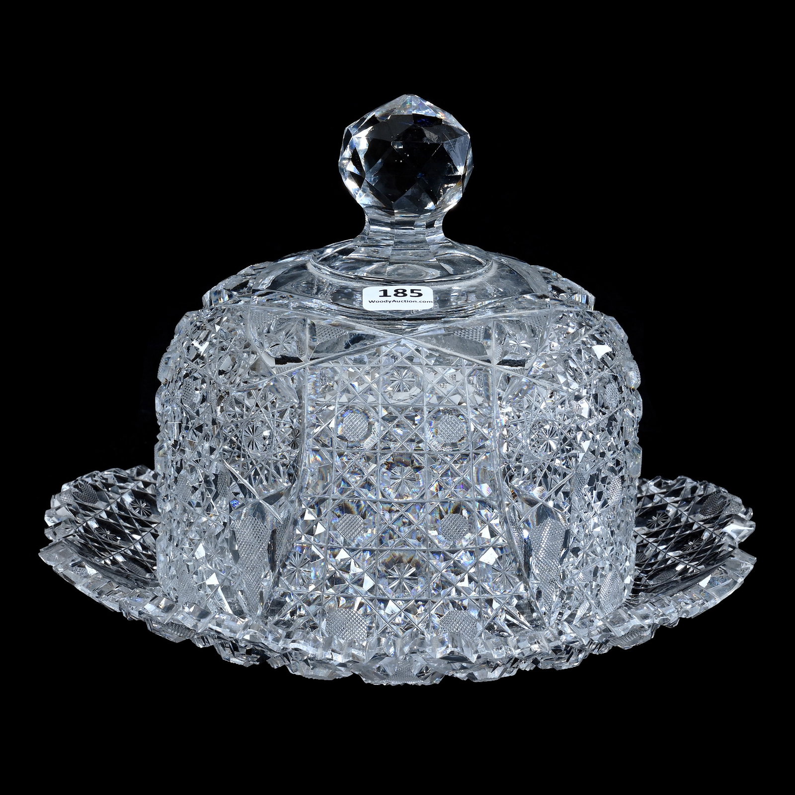 Covered Cheese Dish, American Brilliant Cut Glass: Covered Cheese Dish, American Brilliant Cut Glass, 6.75 x 9.5 x 9.5 Inches, Five Alternating Sections Of Hobstar And Harvard Motif, Clear Blank, Dome Has Rim Roughness, Plate Has A Tooth Ground, 5.6