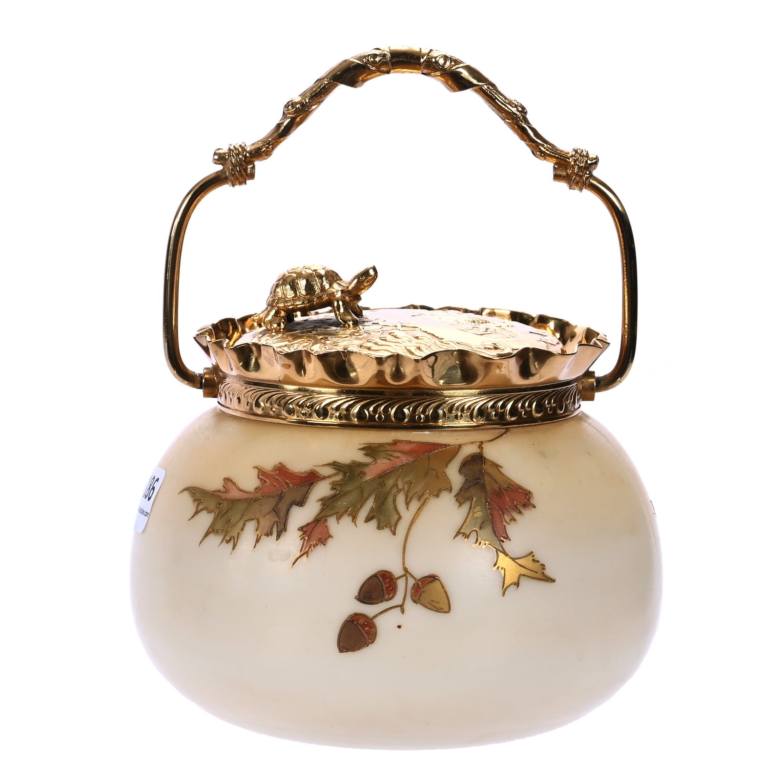 Sweet Meat, Unmarked Mt. Washington: Sweet Meat, Unmarked Mt. Washington, 4.75 x 5.25 x 5.25 Inches, Cream Shading To White Opal, Colorful Acorn And Leaf Decor, Gilt Metal Lid And Bail With Turtle Finial, 1.3 Pounds, John And Doris