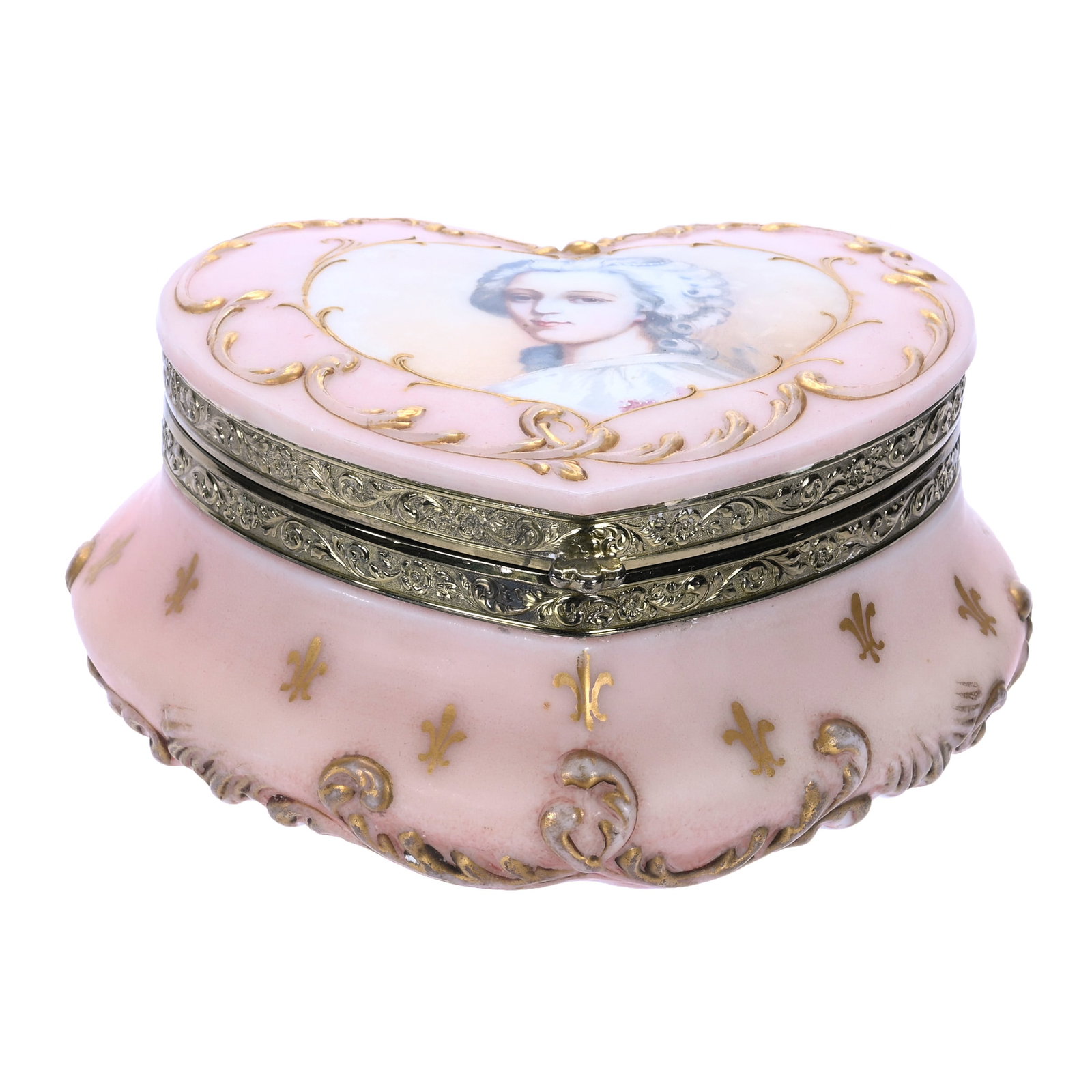 Heart Shaped Jewel Box, Unmarked Pairpoint: Heart Shaped Jewel Box, Unmarked Pairpoint, 6 x 5.5 x 2.75 Inches, Pink Tones With Portrait Of Young Woman, Gold Stencil Fleur De Lys Highlights, 1.8 Pounds, John And Doris Carty Estate Collection,
