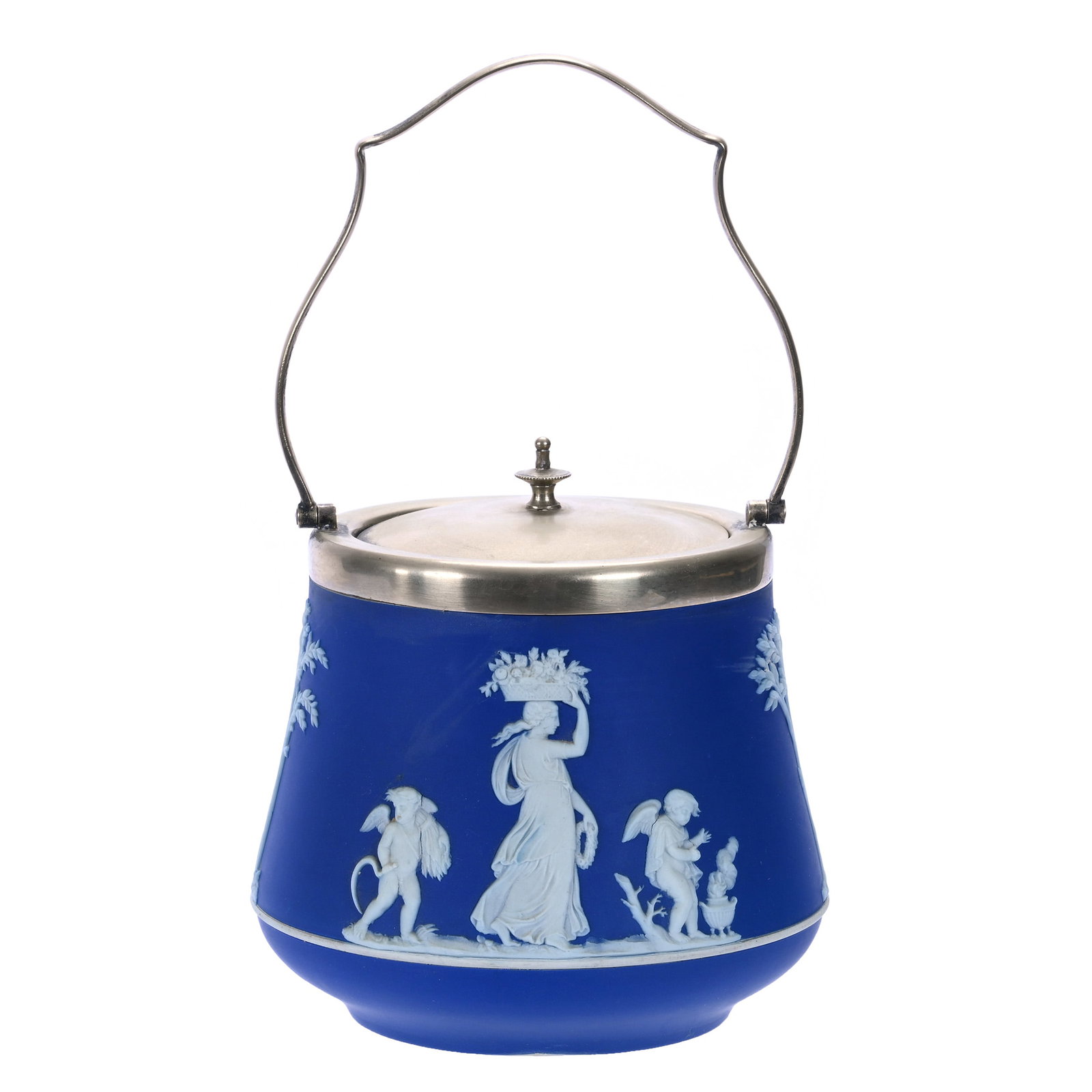 Biscuit Jar, Marked Wedgwood Jasperware: Biscuit Jar, Marked Wedgwood Jasperware, 6 x 5.75 x 5.75 Inches, Classic Blue And White Harvest And Cherubs Scenic Decor, Silverplate Lid And Bail, 2.1 Pounds, John And Doris Carty Estate Collection,