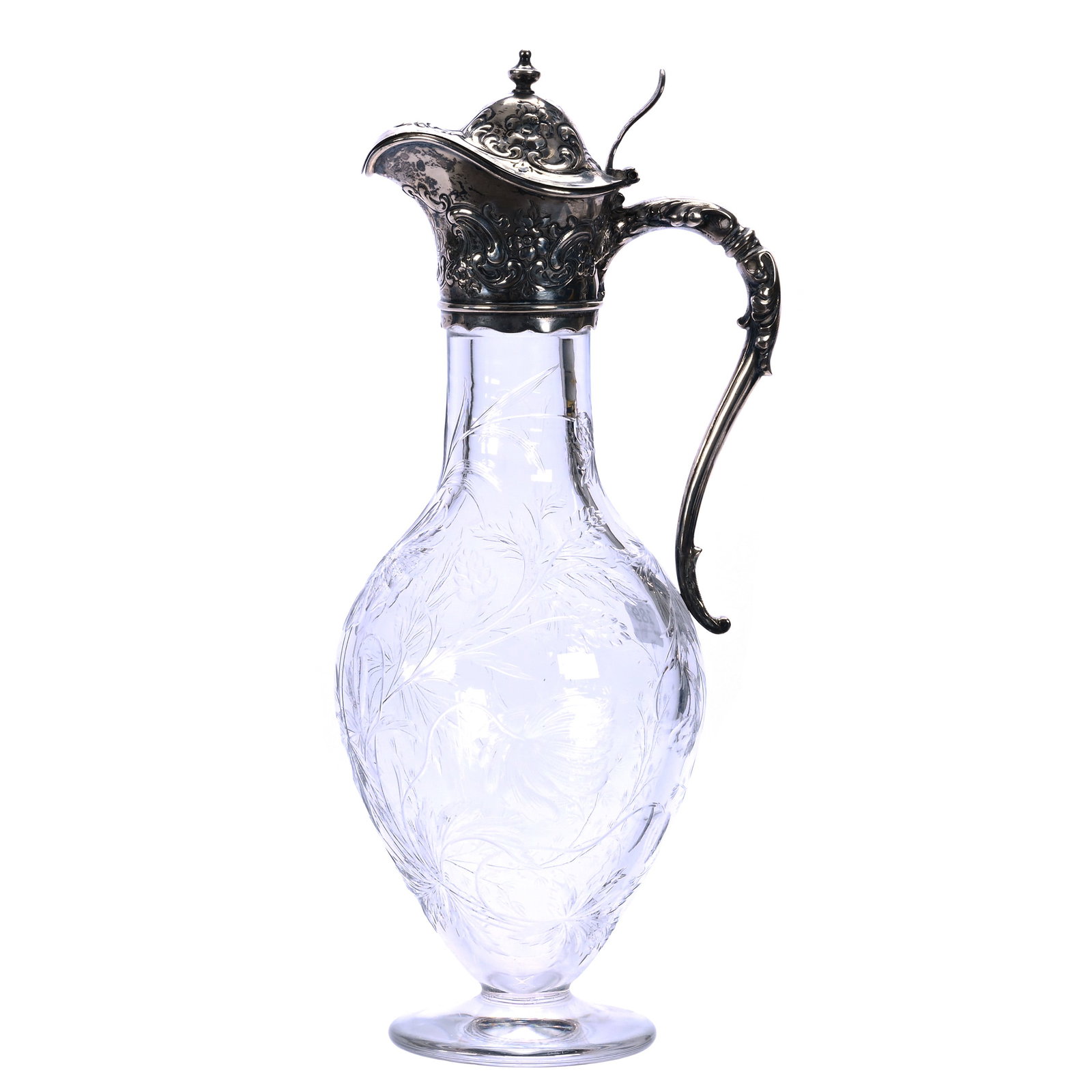 Pedestal Ewer, American Brilliant Cut Glass: Pedestal Ewer, American Brilliant Cut Glass, 11.75 x 4.75 x 4.25 Inches, Finely Engraved Poppy Decor With Sterling Silver Spout, Lid, And Handle Marked Theodore B. Starr, New York, 3.1 Pounds, Grady