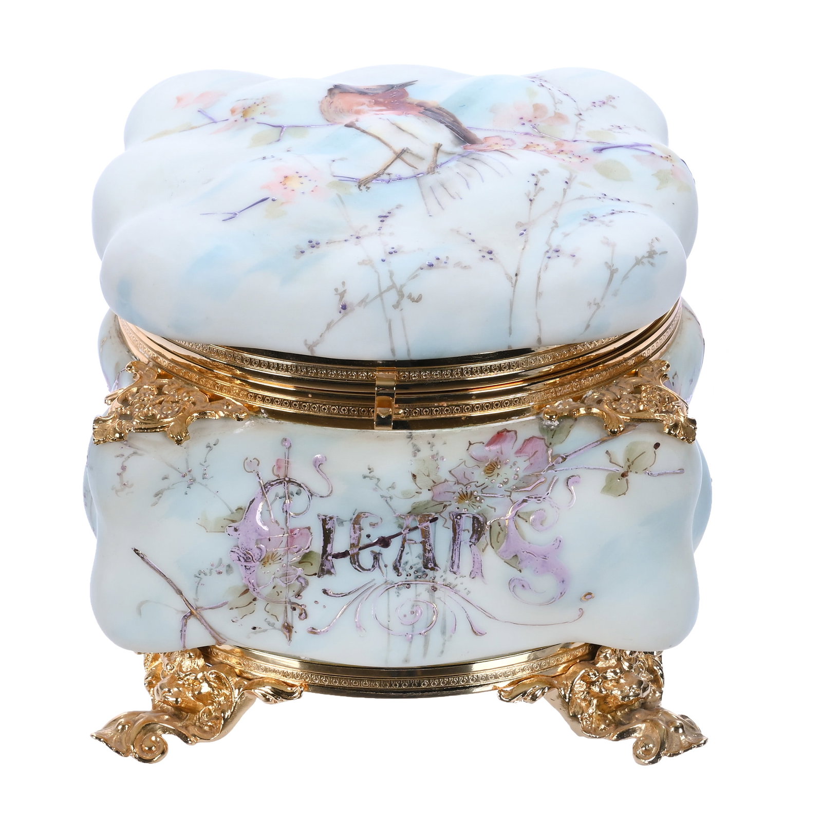 Dresser Box, Unmarked Wave Crest, Egg Crate Mold: Dresser Box, Unmarked Wave Crest, Egg Crate Mold, 6.75 x 6.75 x 6.25 Inches, Blue And White Tones With Robin, Branch, And Blossom Decor, Labeled "Cigars", Replated And Mounted Fittings, 4.3 Pounds,