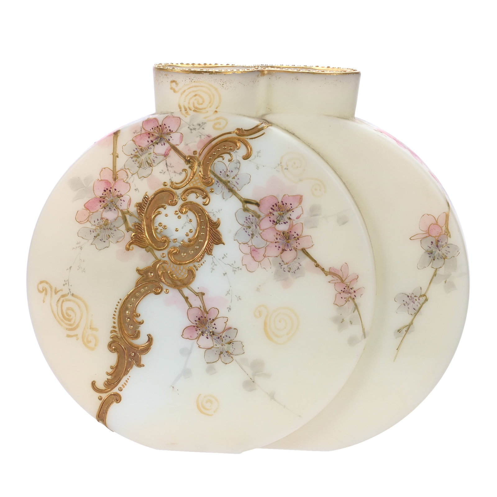 Double Flask Vase, Marked Smith Brothers: Double Flask Vase, Marked Smith Brothers, 7 x 8 x 2.25 Inches, Cream Opalware With Pink Blossom And Gold Enamel Scroll Highlights, Unusual Form, 2 Pounds, John And Doris Carty Estate Collection, IA,