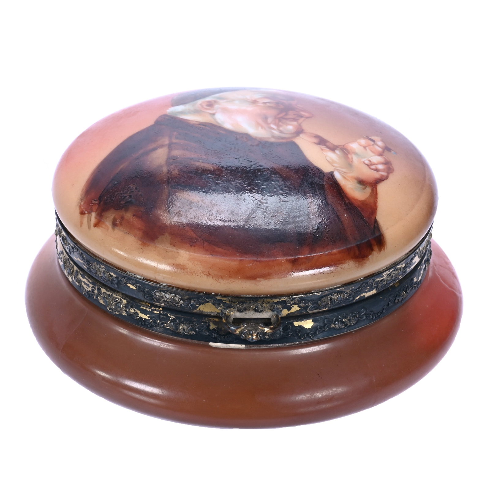 Jewel Box, Unmarked Pairpoint Opalware: Jewel Box, Unmarked Pairpoint Opalware, 5.75 x 5.75 x 3.25 Inches, Brown Tones With Smoking Monk Portrait Decor, 1.3 Pounds, John And Doris Carty Estate Collection, IA, Effective 6/6/26 - All
