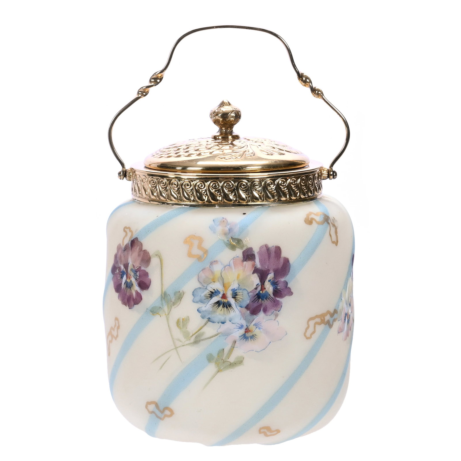 Covered Jar, Unmarked Mt. Washington: Covered Jar, Unmarked Mt. Washington, 5.75 x 4.25 x 4.25 Inches, Cream Opalware With Raised Blue Swirled Ribs, Colorful Enamel Pansy Decor, Gilt Silverplate Lid And Bail, 1.2 Pounds, John And Doris Ca