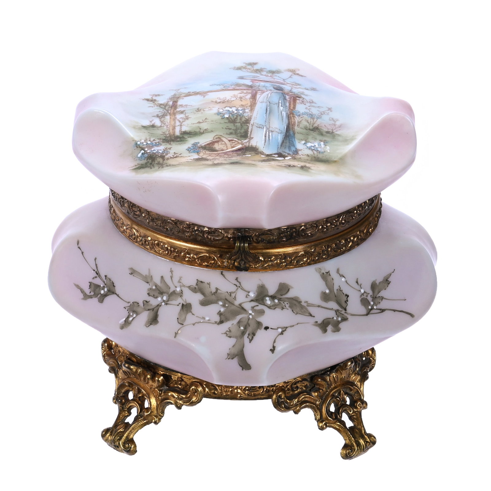 Jewel Box, Wave Crest Stamp Mark, Bishop's Hat Mold: Jewel Box, Wave Crest Stamp Mark, Bishop's Hat Mold, 6.5 x 6.5 x 5.5 Inches, Pink Tones With Woman Contemplating In Floral Garden, 1.9 Pounds, John And Doris Carty Estate Collection, IA, Effective