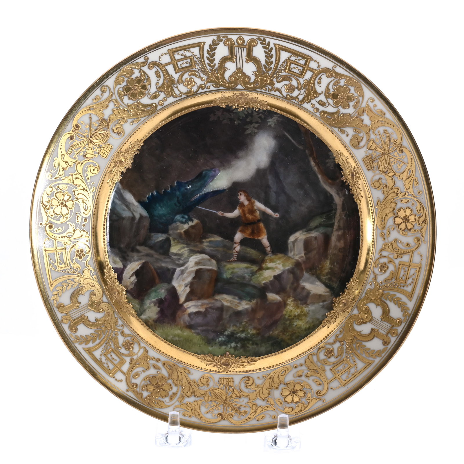Plate, Marked Dresden: Plate, Marked Dresden, 8.25 x 8.25 x 1 Inches, Hand Painted Scene Of Man Slaying Dragon, Cream Border With Extensive Gold Highlights, No Artist Signature Visible, 0.7 Pounds, Kevin Bowers Collection,