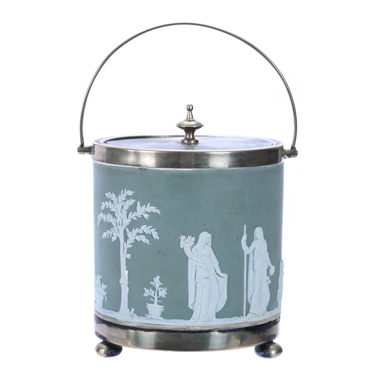 Biscuit Jar, Marked Wedgwood Jasperware: Biscuit Jar, Marked Wedgwood Jasperware, 6.5 x 5.25 x 5.25 Inches, Green And White Classic Scenic Relief, Silverplate Lid And Bail With Silverplate Base, 2.8 Pounds, John And Doris Carty Estate