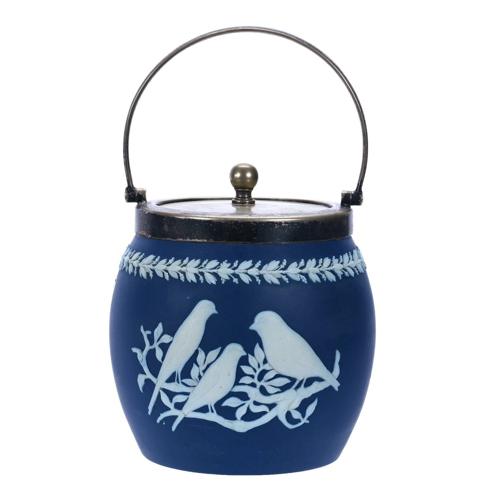 Biscuit Jar, Marked Wedgwood MIE (Made In England) Jasperware: Biscuit Jar, Marked Wedgwood MIE (Made In England) Jasperware, 6.25 x 5.25 x 5.25 Inches, Blue With White Relief, Bird And Branch Decor, Silverplate Lid And Bail, 2.2 Pounds, John And Doris Carty
