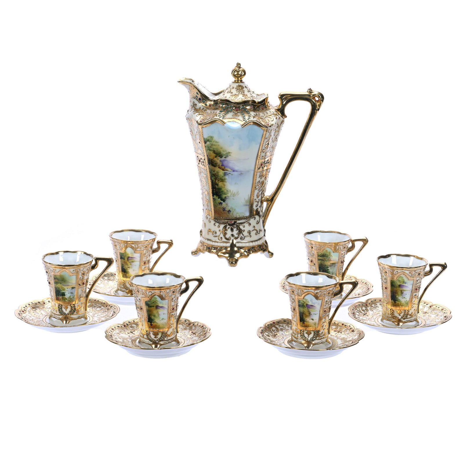 Chocolate Set, Marked Nippon: Chocolate Set, Marked Nippon, 9.75 x 7 x 4.75 Inches, Yellow With Scenic Lake Panels, Extensive Gold And Colored Enamel Beaded Highlights, (6) Matching Cups And Saucers, Small Spout Chip Professional