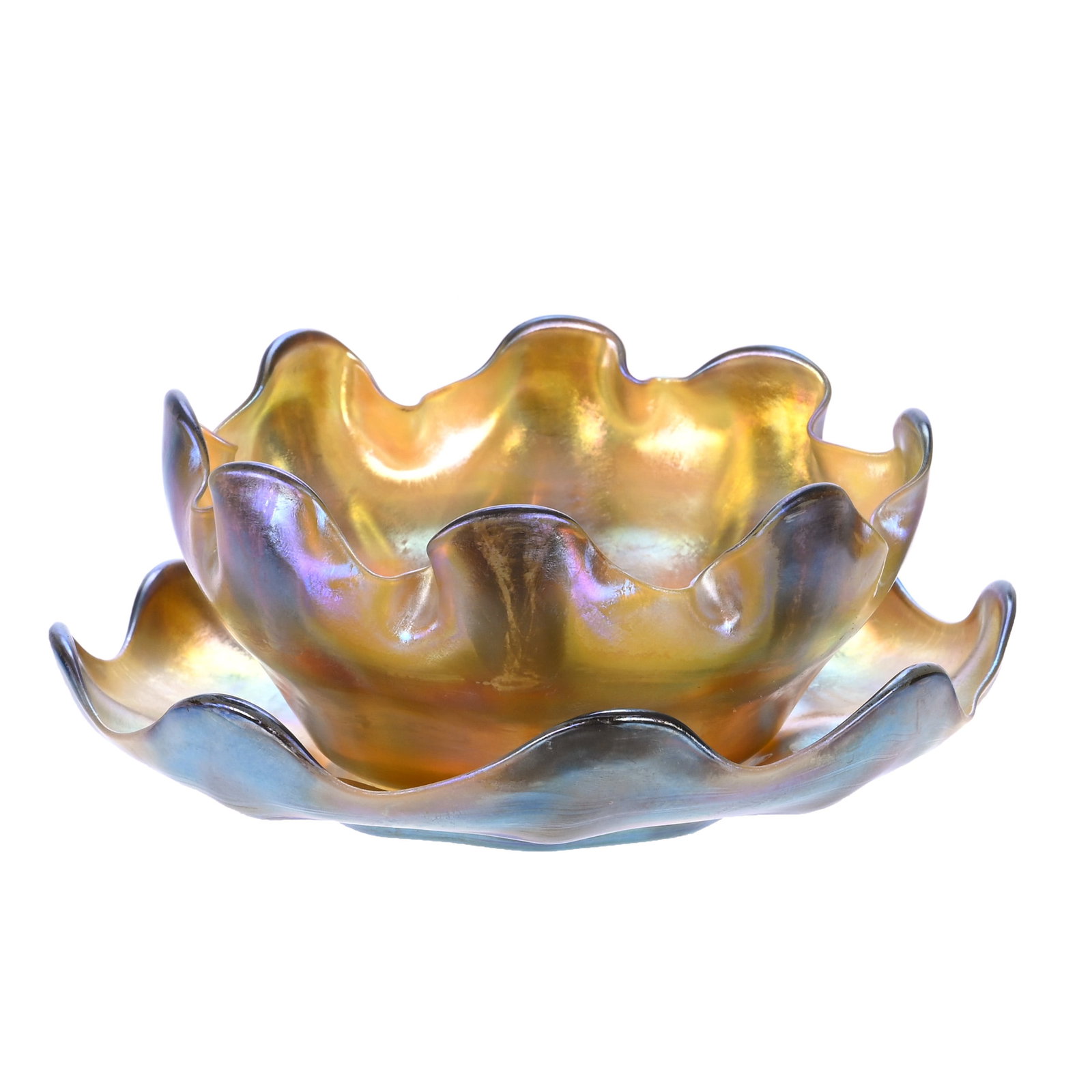 Finger Bowl And Underplate, Signed L.C.T.: Finger Bowl And Underplate, Signed L.C.T., 5.75 x 5.75 x 2.5 Inches, Gold Iridescent Art Glass, Bowl #U7575 And Underplate #W861, 1 Pound, Aubrey and Jean Silver Collection, CA, Effective 6/6/26 -