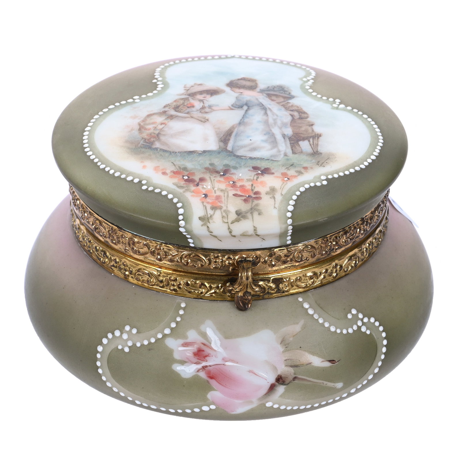 Jewel Box, Marked Nakara: Jewel Box, Marked Nakara, 6 x 6 x 3.5 Inches, Green And Pink Tones With Kate Greenaway Tea Scenic Decor, 1.7 Pounds, John And Doris Carty Estate Collection, IA, Effective 6/6/26 - All LiveAuctioneers