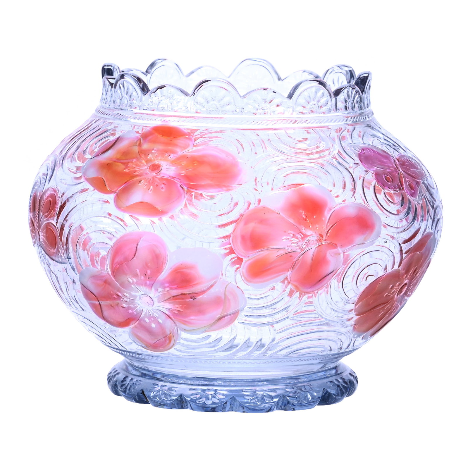 Vase, English Cameo, Signed Thomas Webb And Sons (Tiffany And Co Paris Exposition 1889): Vase, English Cameo, Signed Thomas Webb And Sons (Tiffany And Co Paris Exposition 1889), 3.5 x 4.5 x 4.5 Inches, Pale Blue Ground With Wheel Carved Floral And Butterfly Design, Pink Cutback Overlay