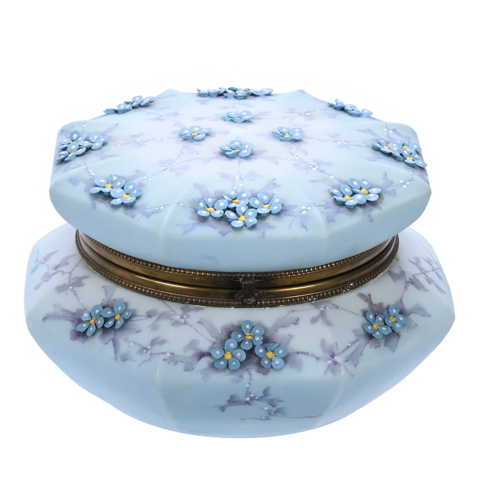 Eight-Sided Dresser Box, Marked Nakara: Eight-Sided Dresser Box, Marked Nakara, 8.25 x 8.25 x 5.25 Inches, Blue And White Tones With Applied Blue Floral Decor, Petal Chips On Applied Decor, 3.3 Pounds, John And Doris Carty Estate