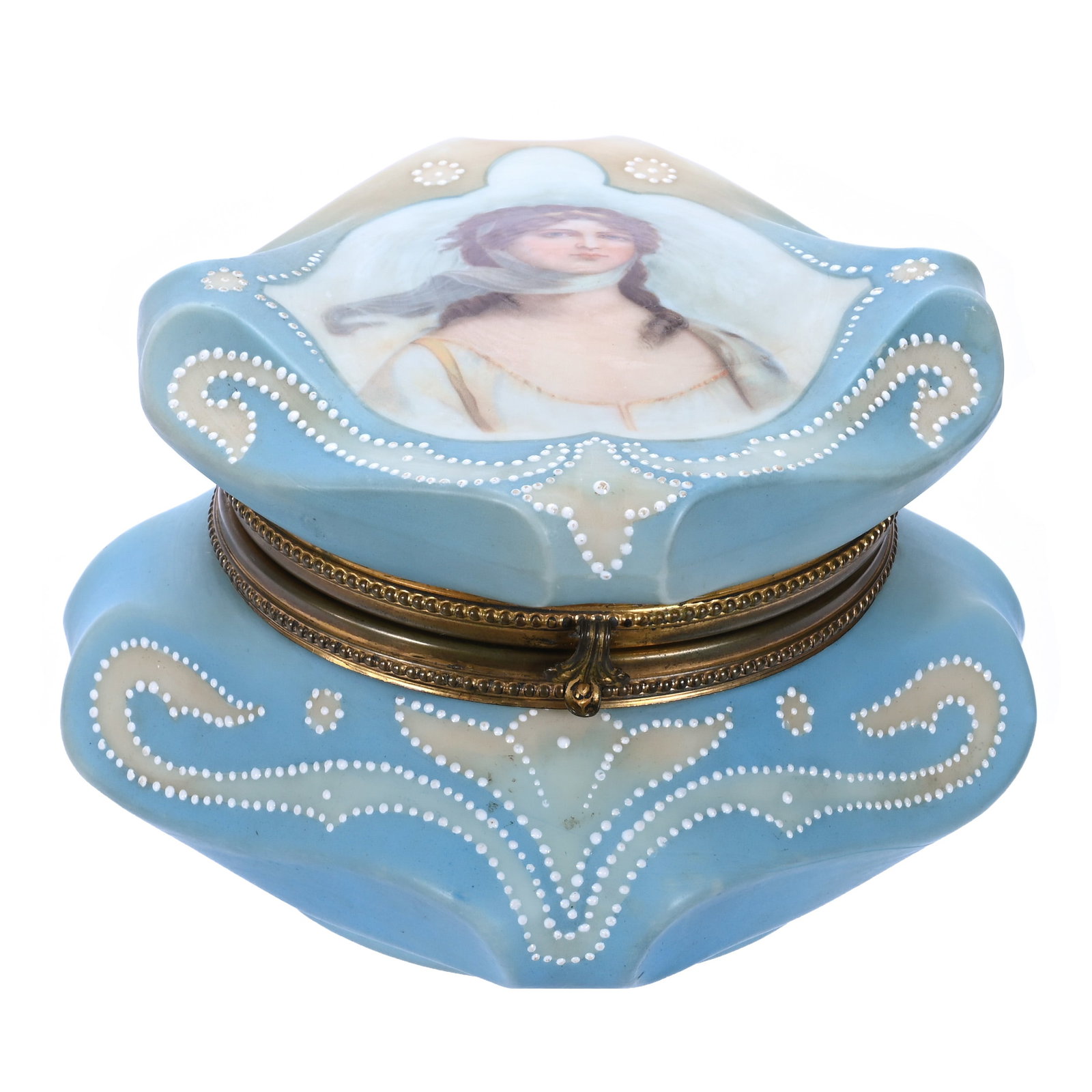 Jewel Box, Marked Nakara, Bishop's Hat Mold: Jewel Box, Marked Nakara, Bishop's Hat Mold, 6.5 x 6.5 x 4.25 Inches, Blue And Cream Tones With Queen Louisa Portrait, White Beaded Enamel Tapestry Highlights, 1.9 Pounds, John And Doris Carty Estate