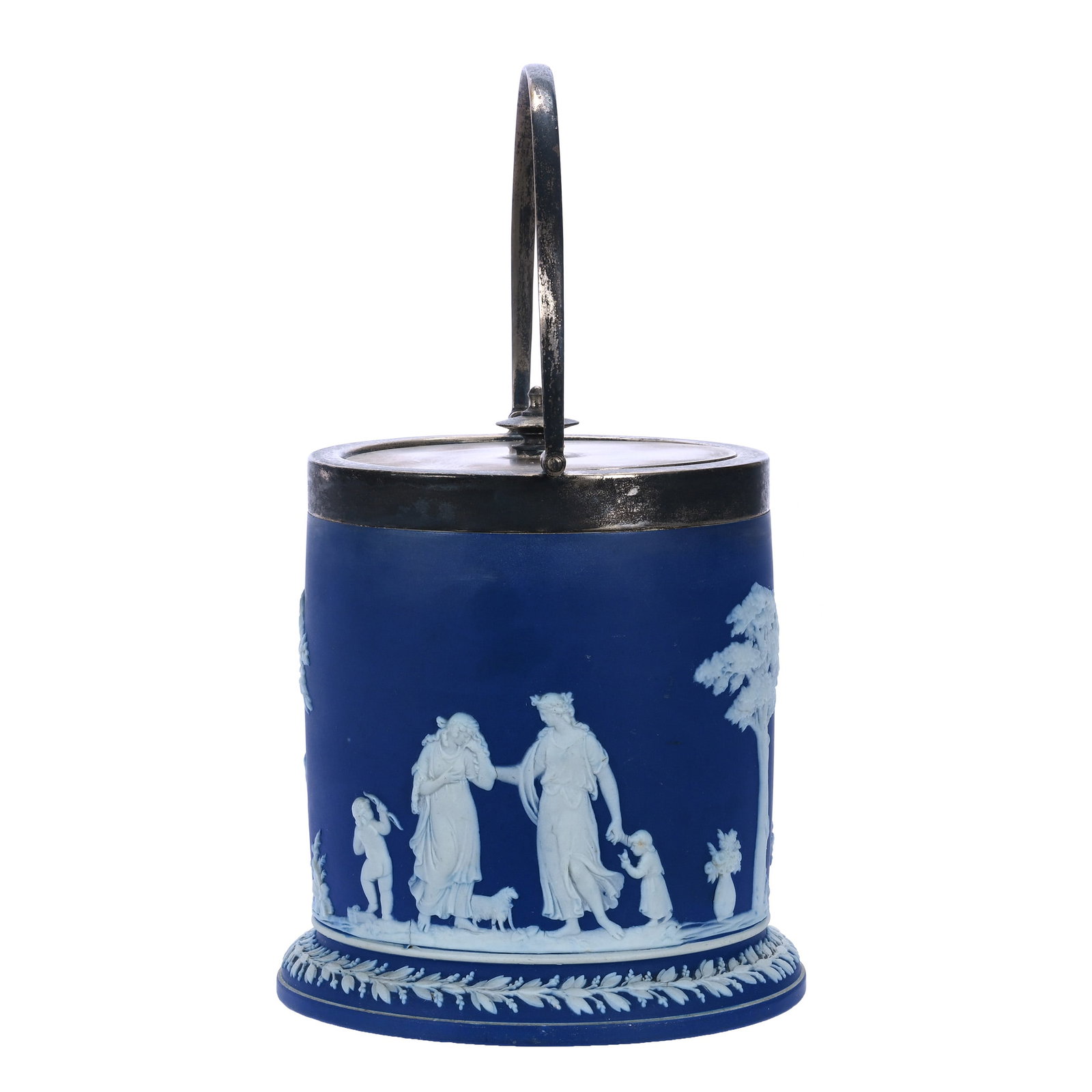 Biscuit Jar, Marked Wedgwood Jasperware: Biscuit Jar, Marked Wedgwood Jasperware, 6.5 x 5.5 x 5.5 Inches, Blue And White With Classic Scenic Relief, Silverplate Lid And Bail, 2.1 Pounds, John And Doris Carty Estate Collection, IA, Effective