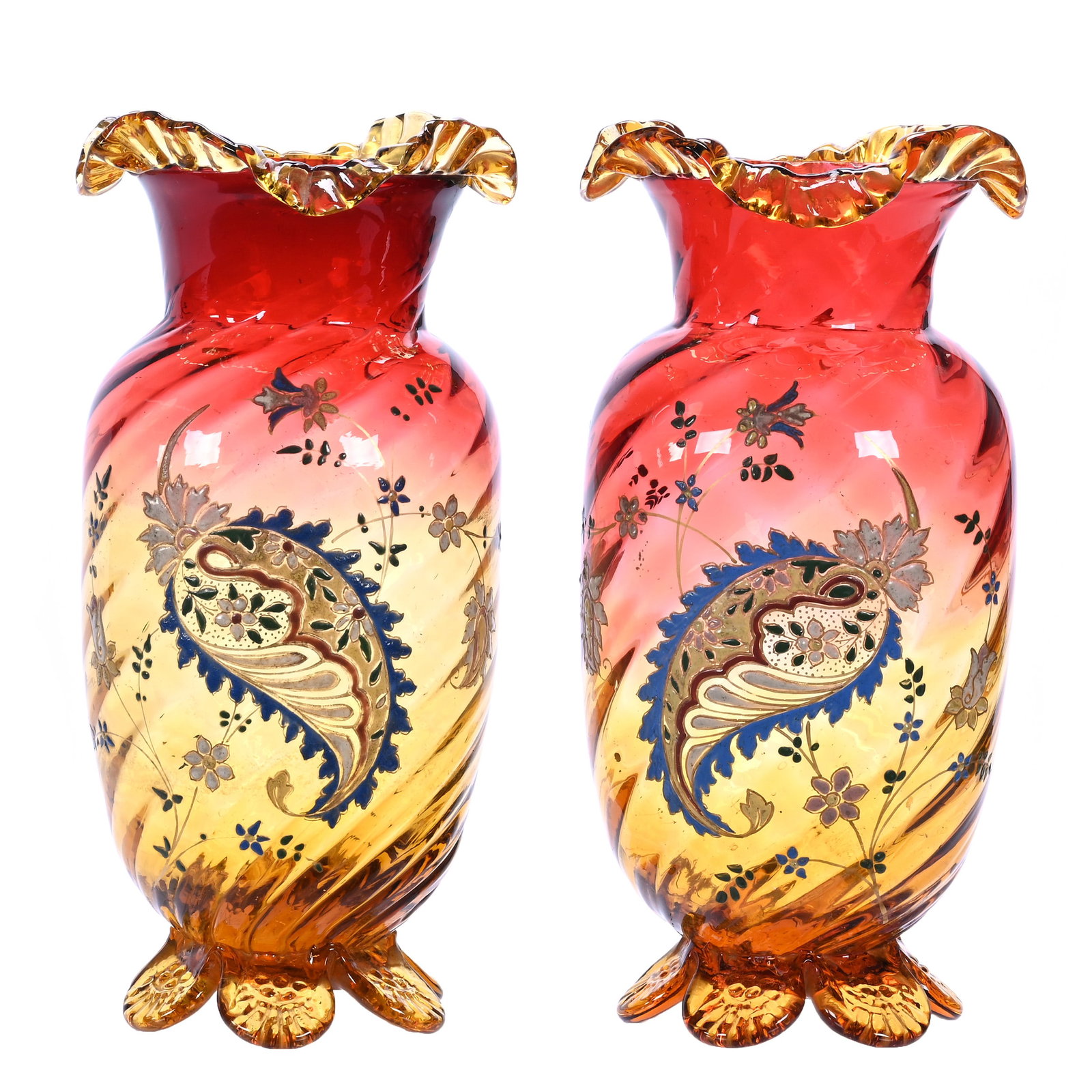 Pair Vases, Amberina Art Glass Swirl (1 of 3)