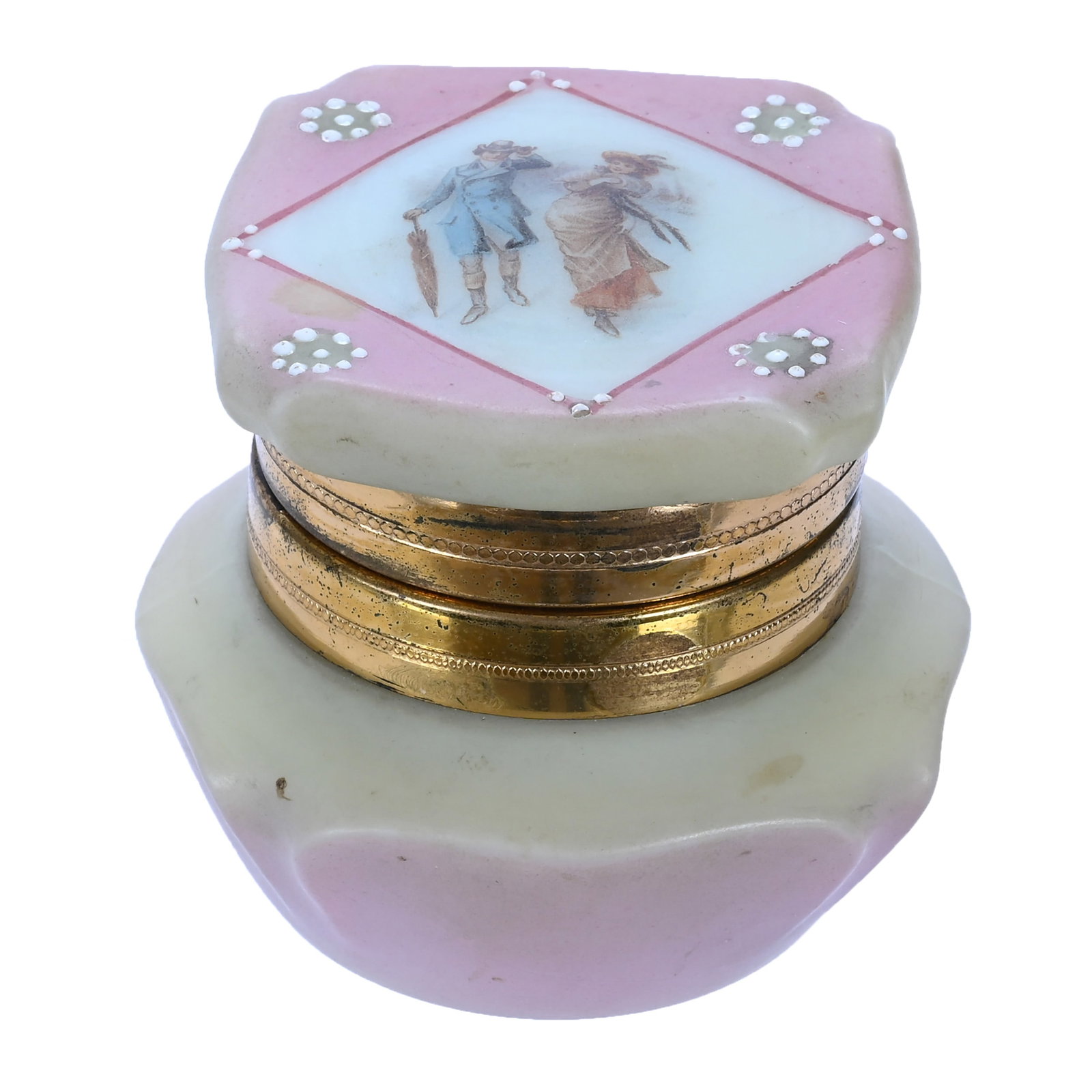 Ring Box, Marked Nakara: Ring Box, Marked Nakara, 2.75 x 2.75 x 2.5 Inches, Pink And Yellow Tones With Rare Winter Courting Scene, Original Lining, 0.4 Pounds, John And Doris Carty Estate Collection, IA, Effective 6/6/26 -