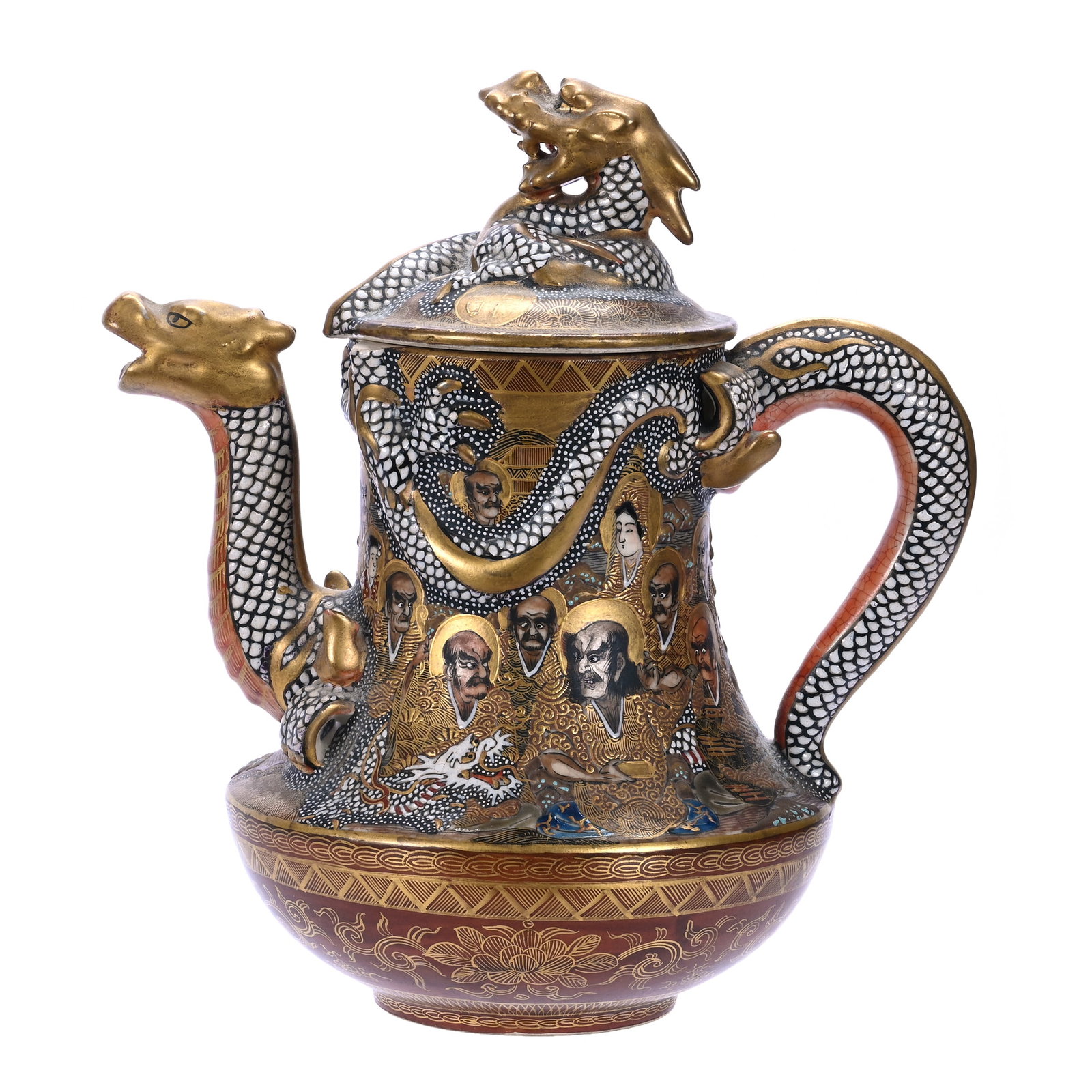 Tea Pot, Satsuma: Tea Pot, Satsuma, 7.75 x 7 x 4.75 Inches, Figural Dragon Spout, Handle, And Finial With Classic Warrior Background, Late 19th Century, 1.6 Pounds, Grady And Annette Hite Collection, NC, Effective