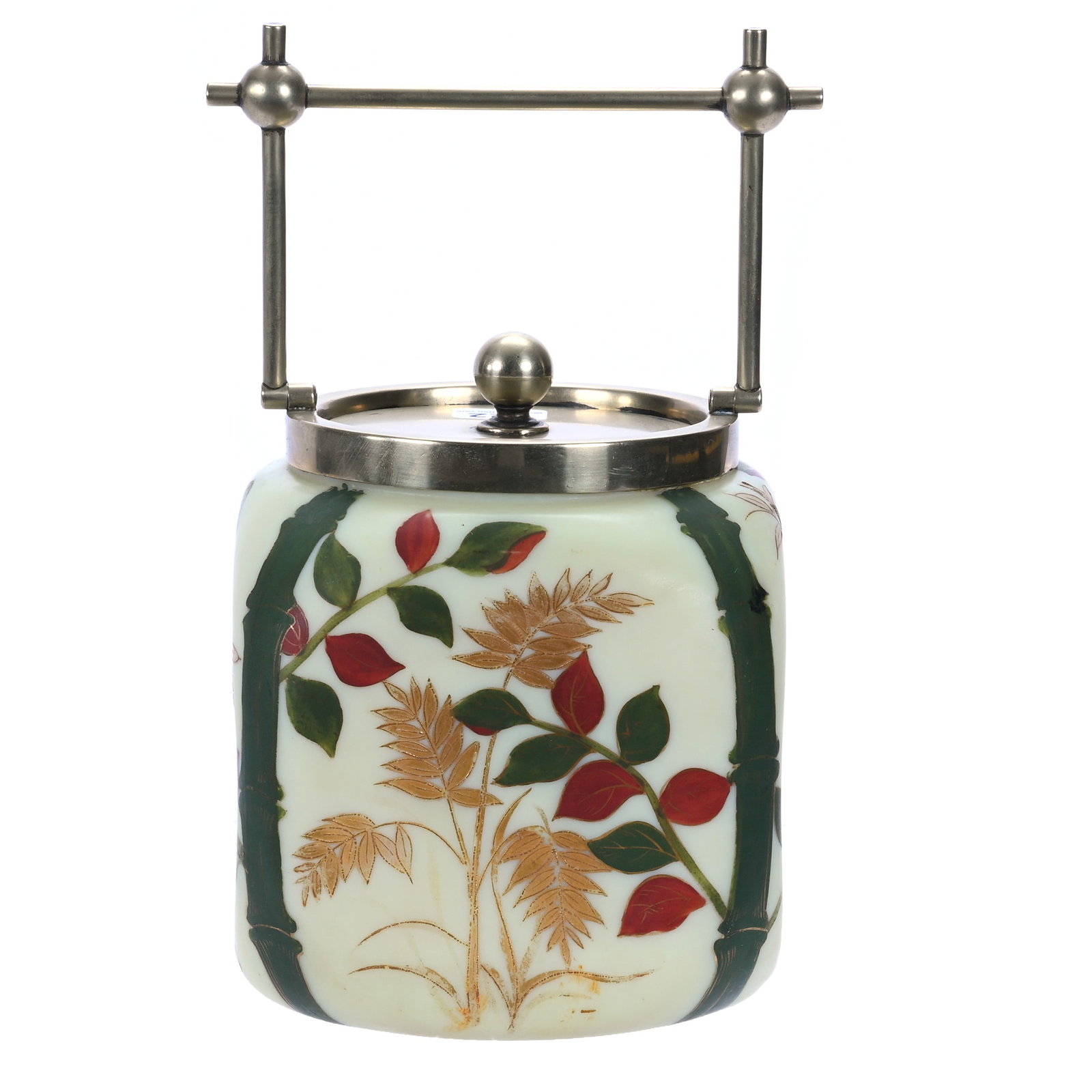 Square Biscuit Jar, Yellow Custard Satin Art Glass: Square Biscuit Jar, Yellow Custard Satin Art Glass, 6.25 x 5 x 5 Inches, With Enamel Bamboo Decor, Silverplate Lid And Bail, Reactive Under Blacklight, 2.4 Pounds, John And Doris Carty Estate