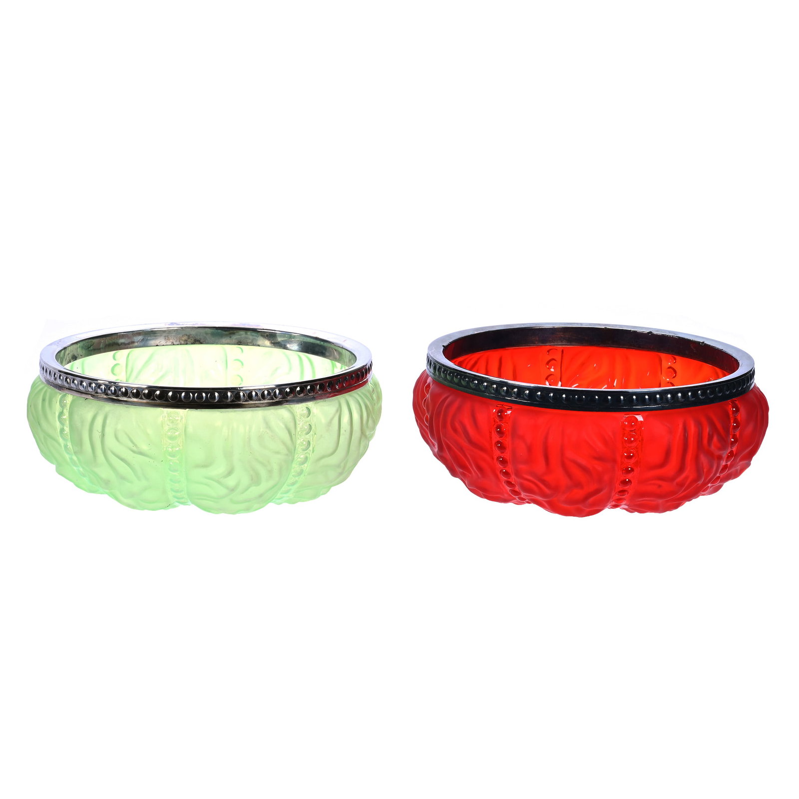 Pair Bowls, Beaded Drape Pattern By Consolidated: Pair Bowls, Beaded Drape Pattern By Consolidated, 9.25 x 9.25 x 3.5 Inches, (1) Ice Green Satin, Highly Reactive Under Blacklight And (1) Red Satin, Both With Silverplate Rims, 4.4 Pounds, John And
