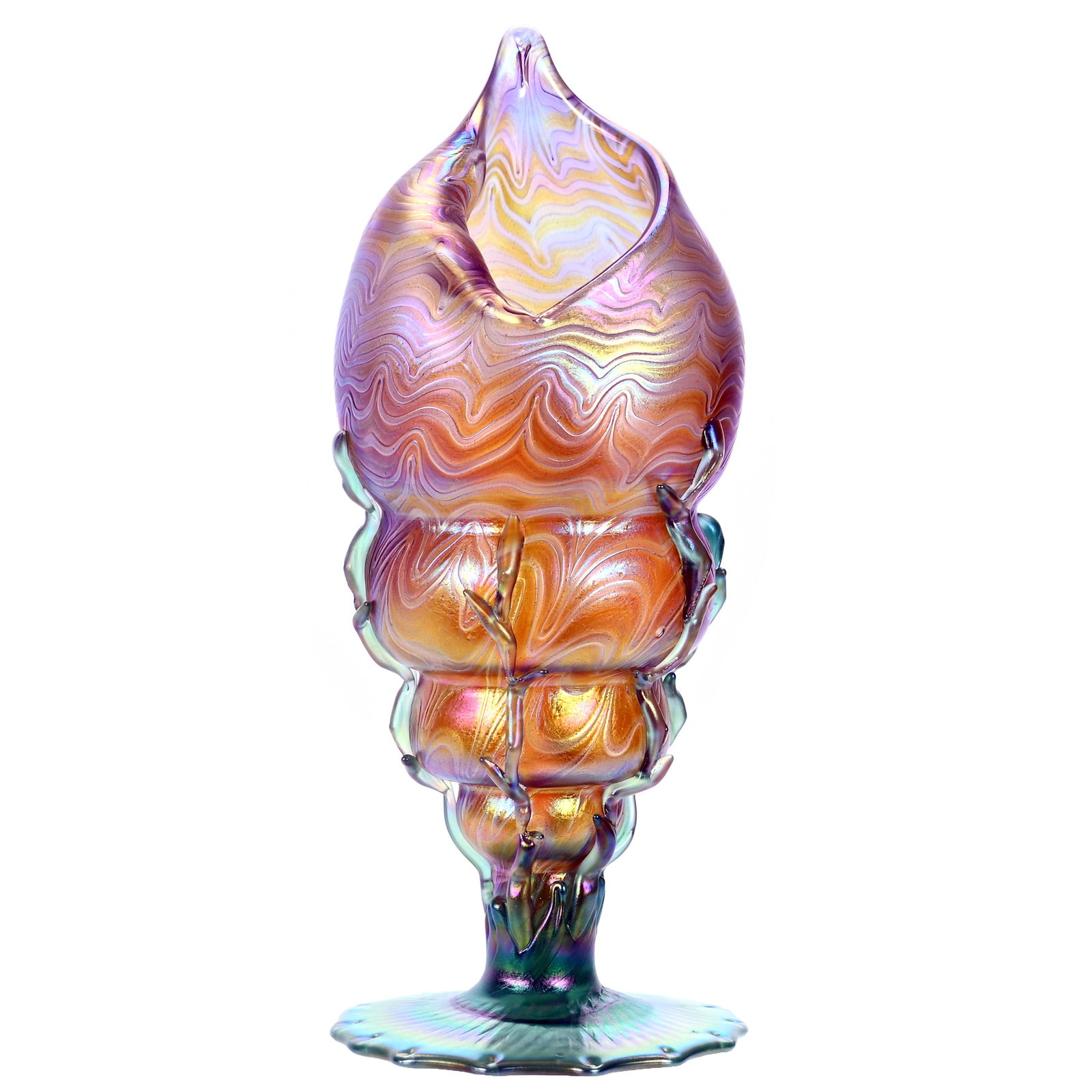 Nautilus Vase, Unmarked Art Glass, Attributed To Igor Muller, Czechoslovakia: Nautilus Vase, Unmarked Art Glass, Attributed To Igor Muller, Czechoslovakia, 10 x 4 x 4 Inches, Conch Shell Design With Green Seaweed And Applied Foot, Fantasy Piece In The Style Of Loetz, 1.2 Pounds
