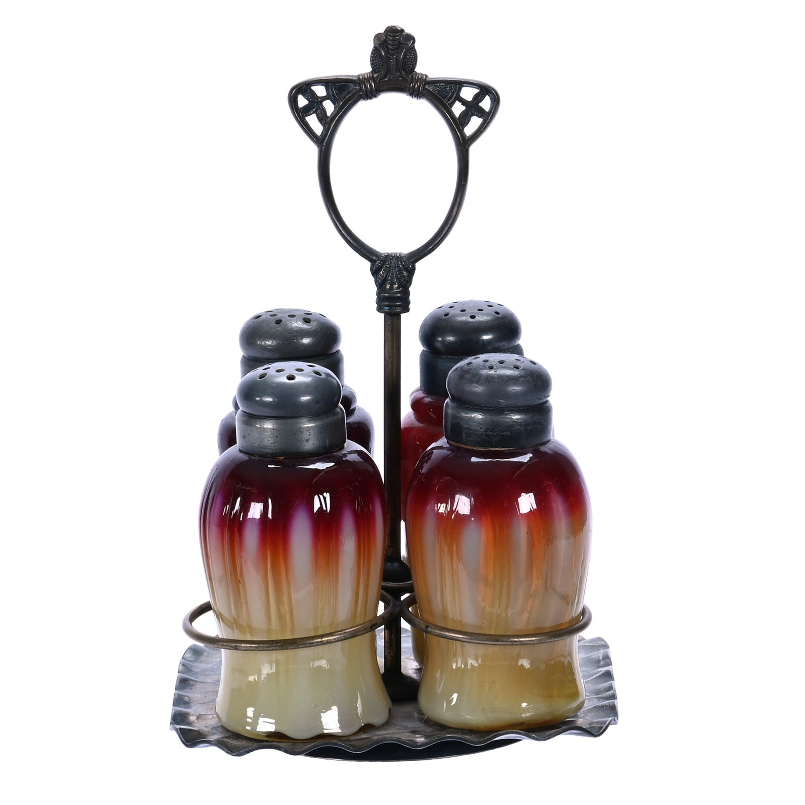 (4) Piece Condiment Set, Plated Amberina Art Glass By New England: (4) Piece Condiment Set, Plated Amberina Art Glass By New England, 7.25 x 4.75 x 4.75 Inches, (1) Pair Salt Shakers, 4" Tall, Cylindrical Form And (1) Pair Salt Shakers, 3.75" Tall Corset Form, Set On