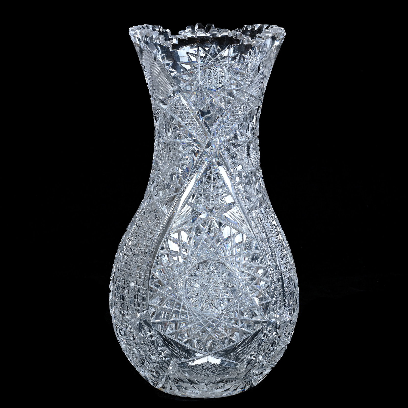 Vase, American Brilliant Cut Glass: Vase, American Brilliant Cut Glass, 14 x 7 x 7 Inches, Three Alternating Sections Of Hobstar, Vesica, Cane, Prism, Crosscutting, Nailhead Diamond, And Fan Motif, Ray Cut Base, Two Minor Interior Rim