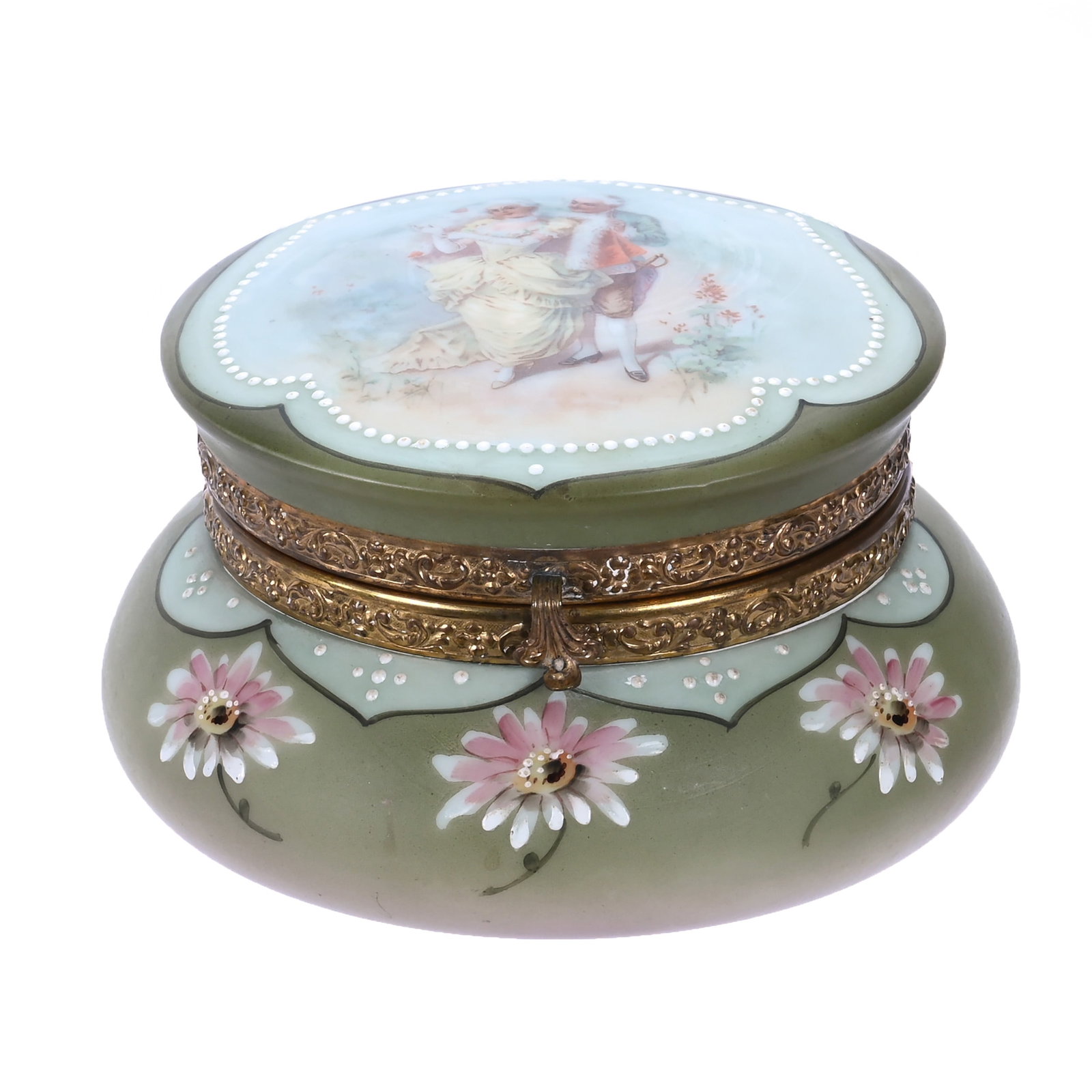 Jewel Box, Marked Nakara: Jewel Box, Marked Nakara, 6 x 6 x 3.5 Inches, Green And Pink Tones With Renaissance Courting Scene Decor, 1.6 Pounds, John And Doris Carty Estate Collection, IA, Effective 6/6/26 - All