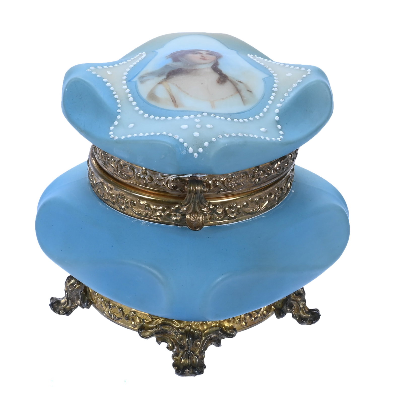Jewel Box, Marked Nakara, Bishop's Hat Mold: Jewel Box, Marked Nakara, Bishop's Hat Mold, 4.25 x 4.25 x 3.75 Inches, Blue And Cream Tones With Queen Louisa Portrait, White Enamel Beaded Tapestry Highlights, 0.9 Pounds, John And Doris Carty