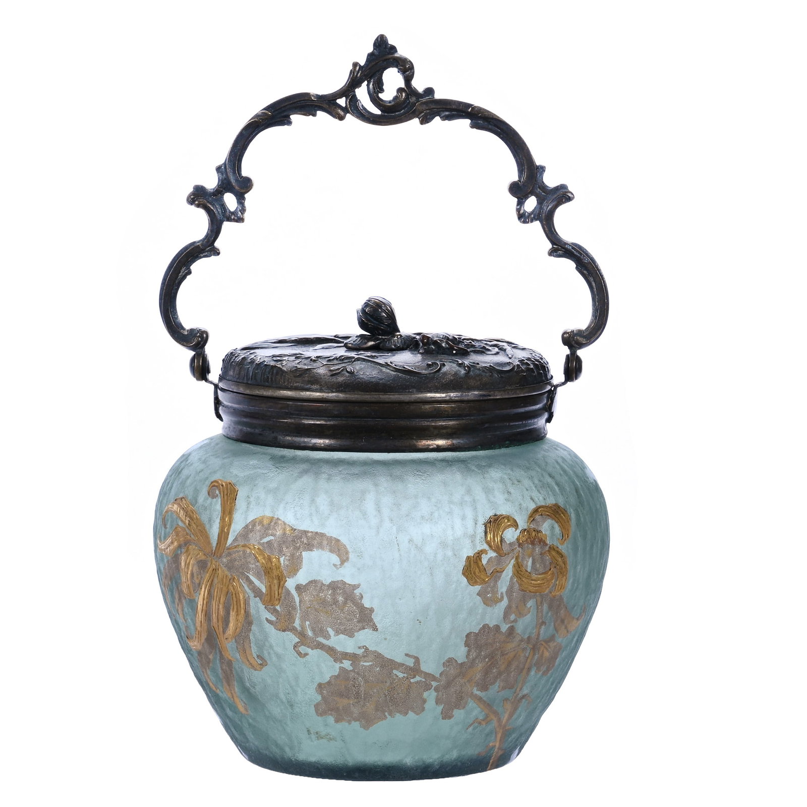 Biscuit Jar, Marked Victor Saglier, French Cameo Art Glass: Biscuit Jar, Marked Victor Saglier, French Cameo Art Glass, 6.25 x 6 x 6 Inches, Frosted Green Acid Cut Body With Gold Floral Decor, Elaborate Silverplate Lid And Bail, 2.4 Pounds, John And Doris