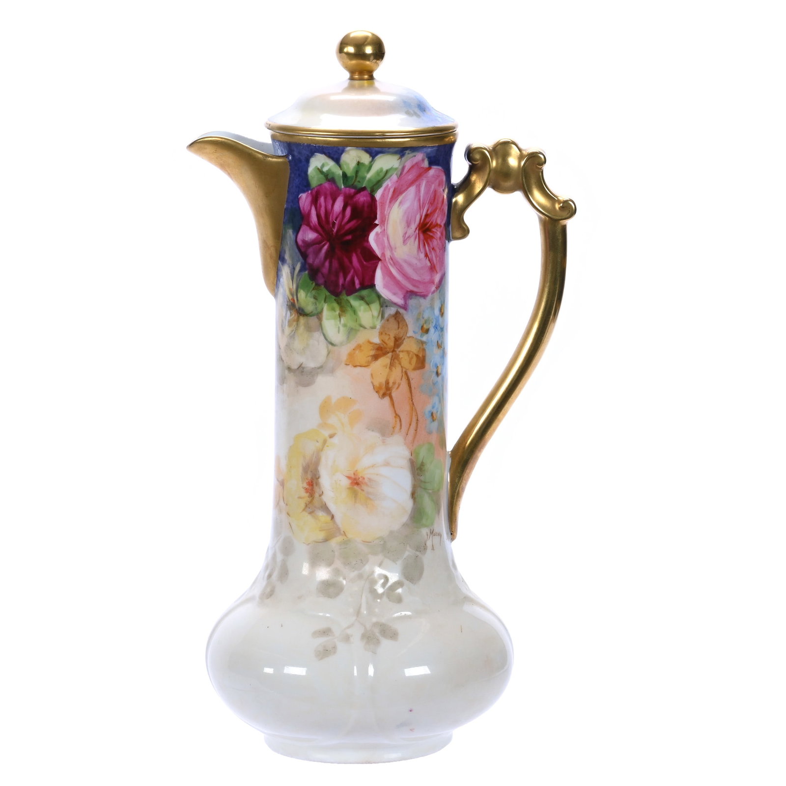 Chocolate Pot, Marked Blackeman & Henderson Limoges: Chocolate Pot, Marked Blackeman & Henderson Limoges, 11.75 x 6.25 x 5 Inches, Cream Tones With Blue Trim And Colorful Floral Decor, Artist Signed, 2 Pounds, John And Doris Carty Estate Collection,