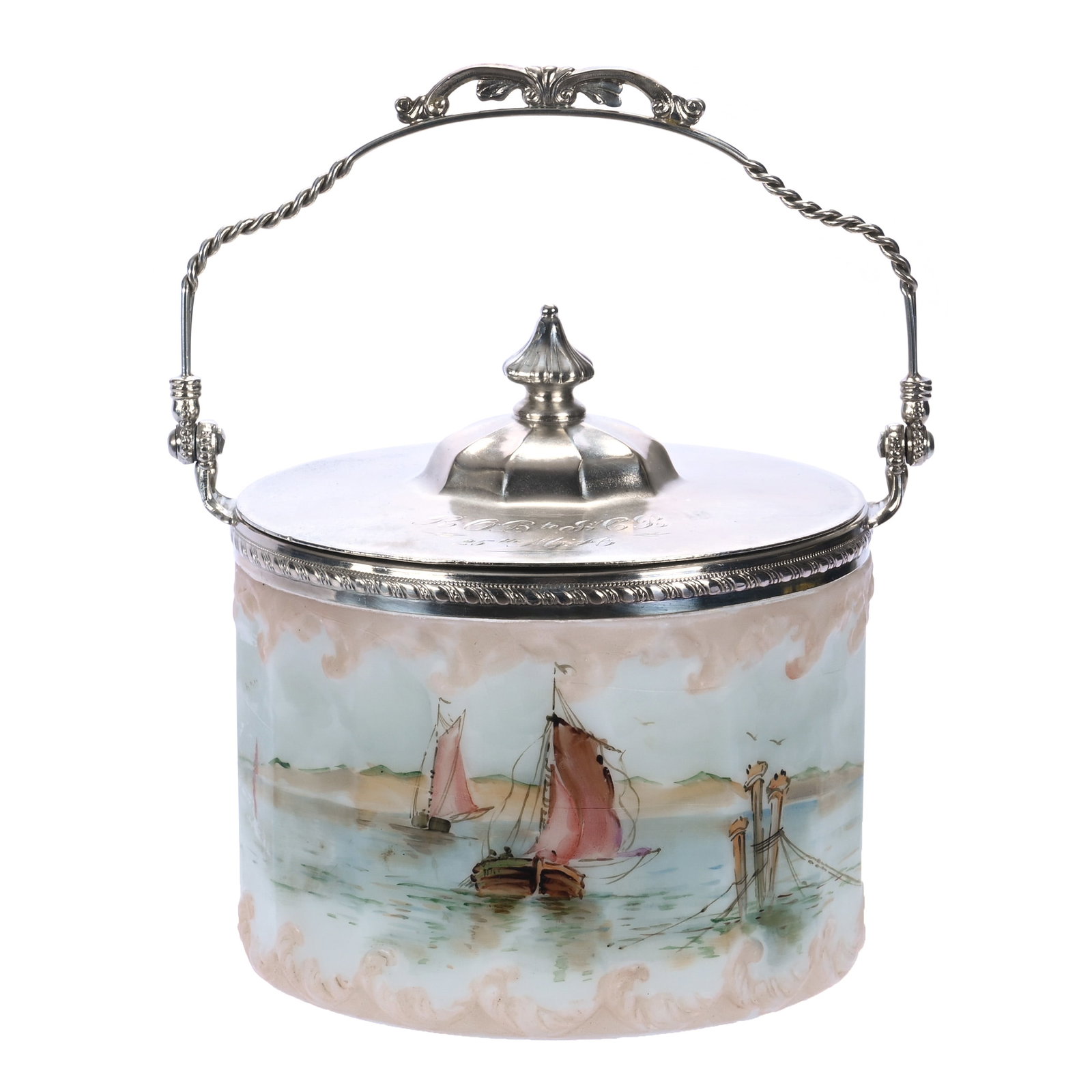 Biscuit Jar, Unmarked Mt. Washington, Elaborate Scroll Mold: Biscuit Jar, Unmarked Mt. Washington, Elaborate Scroll Mold, 6 x 5.75 x 5.75 Inches, White Opalware With Pink Border, Harbor Scenic Decor, Silverplate Lid And Bail, 3.2 Pounds, John And Doris Carty