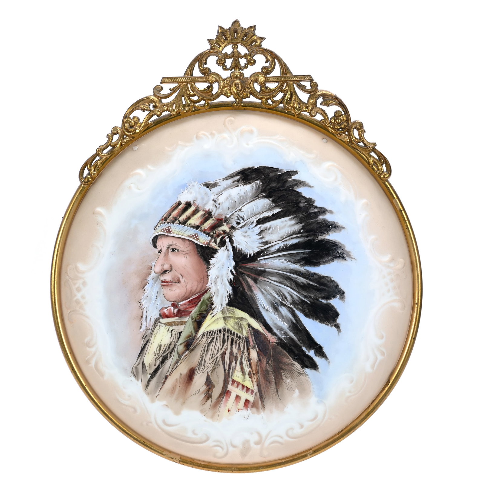 Plaque, Unmarked Wave Crest, Scroll Mold: Plaque, Unmarked Wave Crest, Scroll Mold, 10 x 10 x 1.25 Inches, Cream And Blue Tones With Native American Chief Portrait Set In 12.5" X 10" Gilt Metal Frame, Plaque Has (2) Drilled Holes On Upper