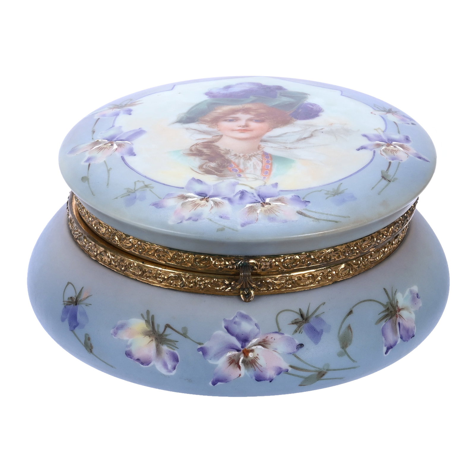 Dresser Box, Marked Nakara: Dresser Box, Marked Nakara, 7.75 x 7.75 x 3.75 Inches, Lavender And Pink Tones With Gibson Girl Portrait, Lavender Floral Highlights, 2.7 Pounds, John And Doris Carty Estate Collection, IA, Effective