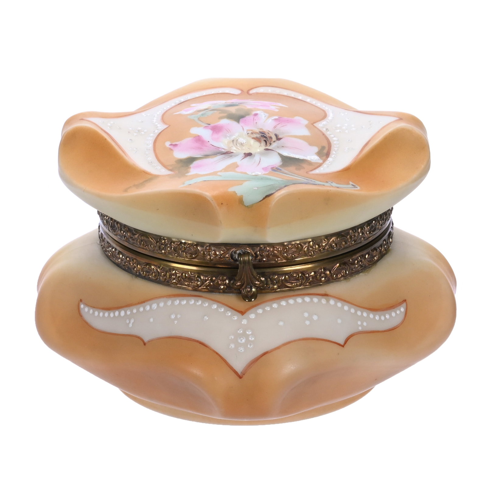 Jewel Box, Marked Nakara, Bishop's Hat Mold: Jewel Box, Marked Nakara, Bishop's Hat Mold, 6.5 x 6.5 x 4.25 Inches, Orange And Yellow Tones With Pink Floral Decor, Beaded White Enamel Tapestry Highlights, Original Lining, 2.2 Pounds, John And