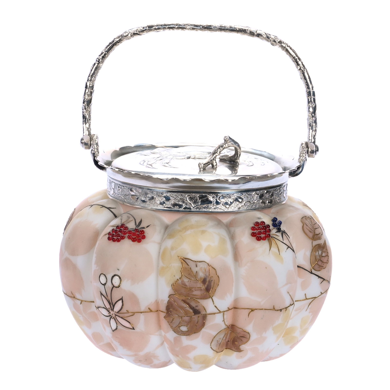 Biscuit Jar, Unmarked Mt. Washington, Melon Ribbed: Biscuit Jar, Unmarked Mt. Washington, Melon Ribbed, 6.5 x 6.5 x 5.5 Inches, Pink, Yellow, And White Mottled Background With Branch And Blossom Decor And Glass Bead Highlights, Embossed Silverplate