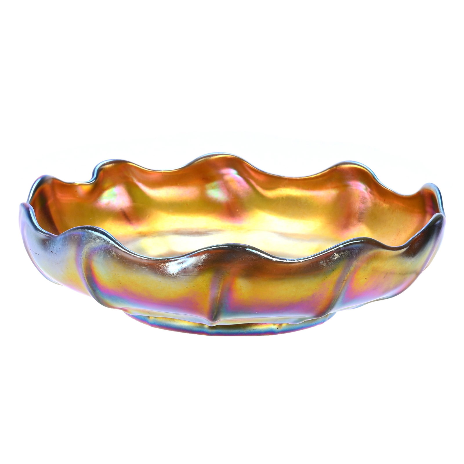 Bowl, Signed L.C.T. Favrile, Gold Iridescent Art Glass: Bowl, Signed L.C.T. Favrile, Gold Iridescent Art Glass, 9 x 9 x 2.5 Inches, Nice Scalloped Rim, 1.8 Pounds, Aubrey and Jean Silver Collection, CA, Effective 6/6/26 - All LiveAuctioneers Invoices Must