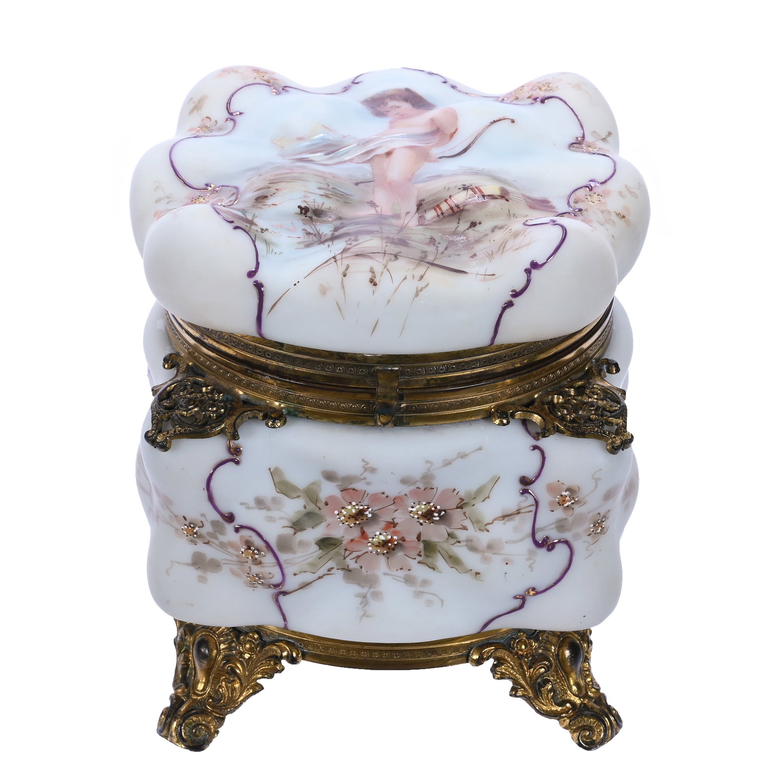 Jewel Box, Unmarked Wave Crest, Egg Crate Mold: Jewel Box, Unmarked Wave Crest, Egg Crate Mold, 5 x 5 x 5.75 Inches, Cream And White Tones With Cherub Scenic Decor, 2.3 Pounds, John And Doris Carty Estate Collection, IA, Effective 6/6/26 - All