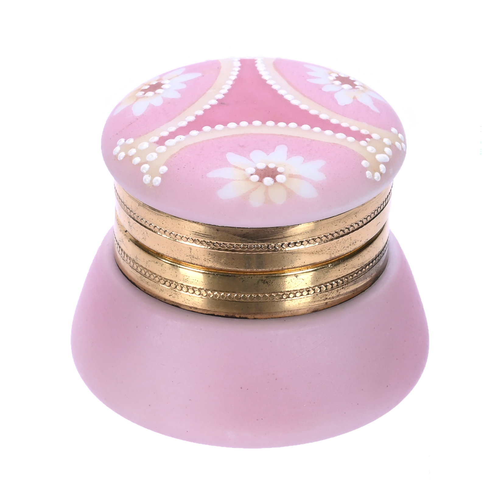 Ring Box, Marked Nakara: Ring Box, Marked Nakara, 2.5 x 2.5 x 2.25 Inches, Pink Tones With Floral Decor, White Beaded Enamel Tapestry Highlights, Original Lining, 0.3 Pounds, John And Doris Carty Estate Collection, IA,