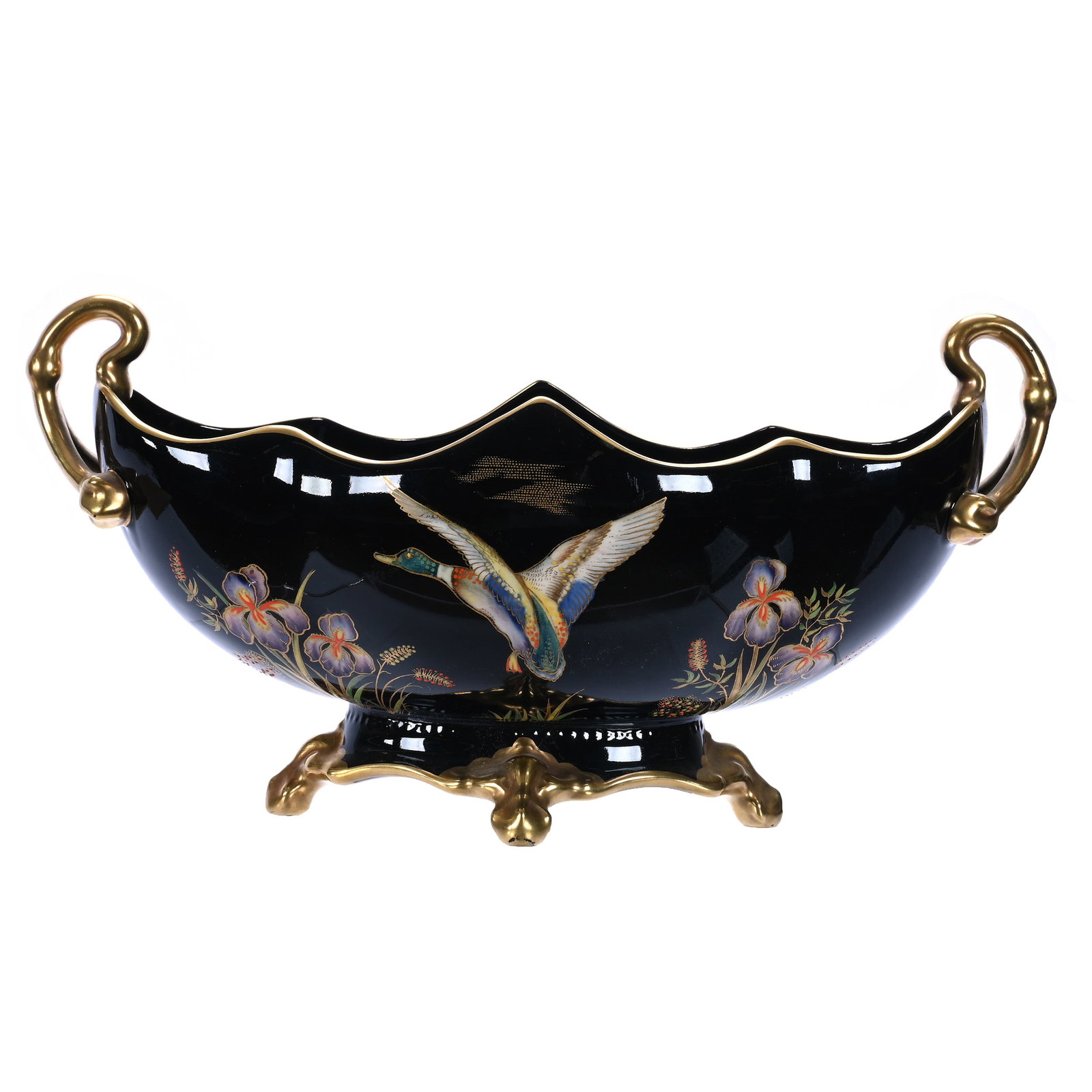Footed Two-Handled Oval Bowl Marked Carlton Ware: Footed Two-Handled Oval Bowl Marked Carlton Ware, 13 x 6.5 x 6.5 Inches, Black With Colorful Enamel Mallard Duck And Iris Decor, Heavy Gold Trim, 2 Pounds, Grady And Annette Hite Collection, NC, Effec