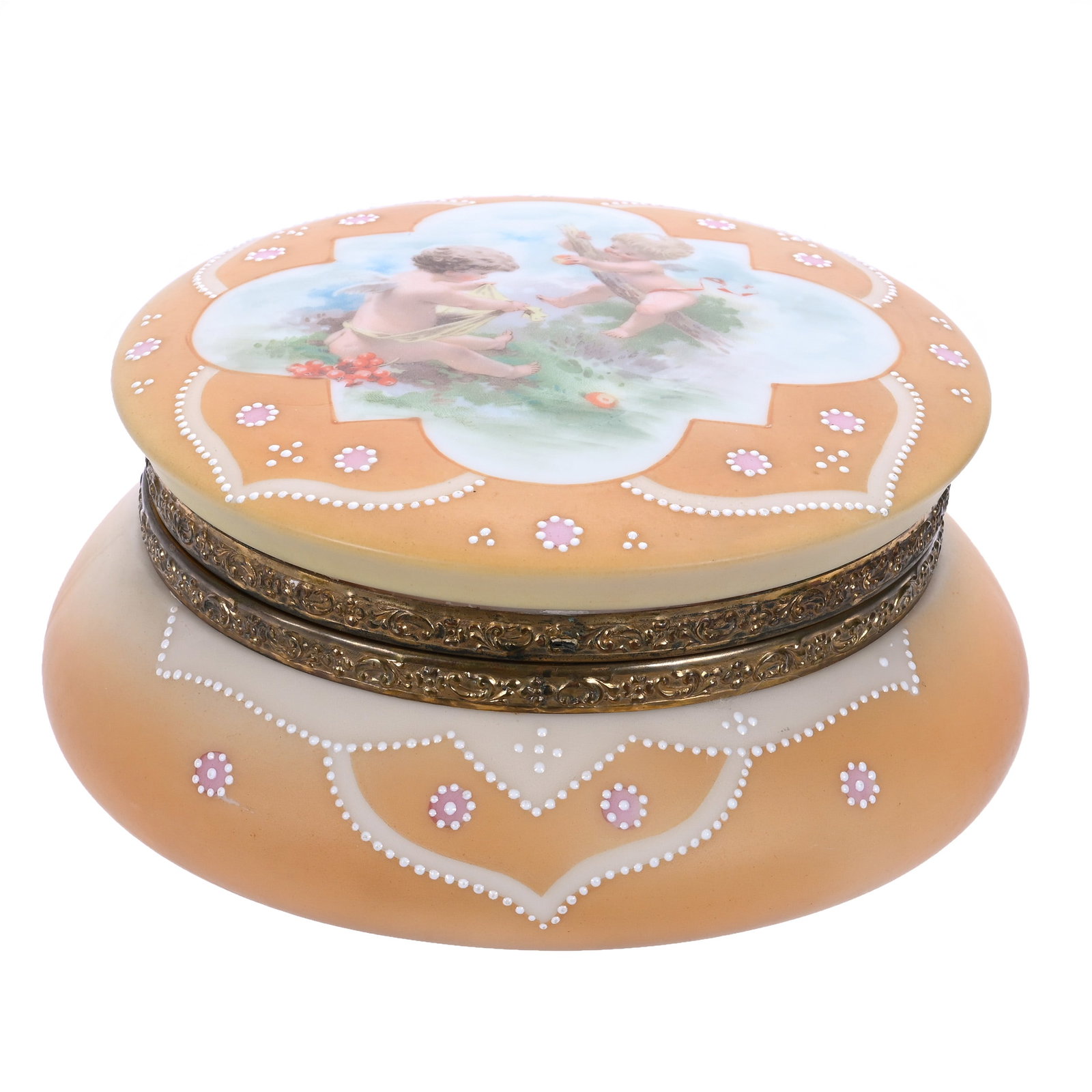 Dresser Box, Marked Nakara: Dresser Box, Marked Nakara, 8 x 8 x 3.75 Inches, Orange, Yellow, And Pink Tones With Cherubs Harvesting Fruit Scenic Decor, White Beaded Enamel Tapestry Highlights, Missing Clasp, 2.4 Pounds, John