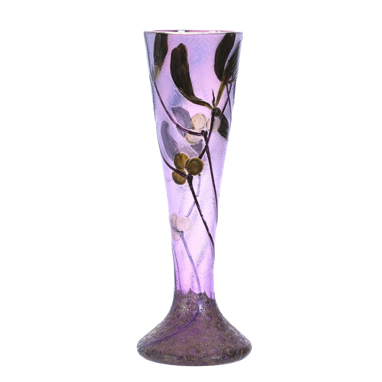 Vase, Signed Mont Joye French Cameo Art Glass: Vase, Signed Mont Joye French Cameo Art Glass, 9.25 x 3.25 x 3.25 Inches, Lavender Opalescent Ground With Carved Cameo And Enamel Seed And Berry Decor, Tiny Rim Nick, 0.8 Pounds, Aubrey and Jean