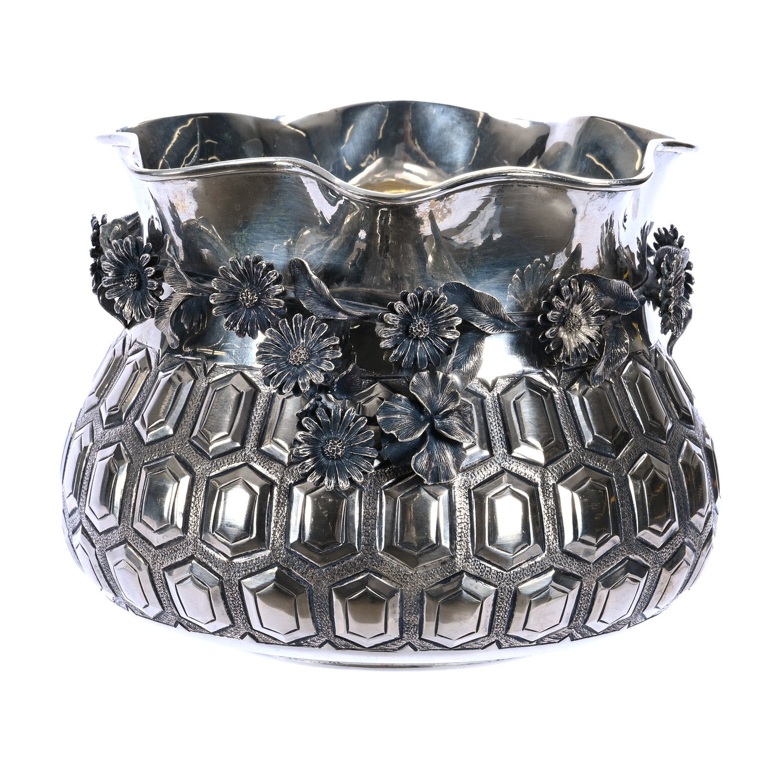 Bag Shaped Vase, Marked 900 Silver Attributed To Hazorfim: Bag Shaped Vase, Marked 900 Silver Attributed To Hazorfim, 5.5 x 7 x 7 Inches, Nearly Identical To The Hazorfim Maker, Honeycomb Embossed Design With Three Dimensional Silver Floral Wreath, Gold Wash