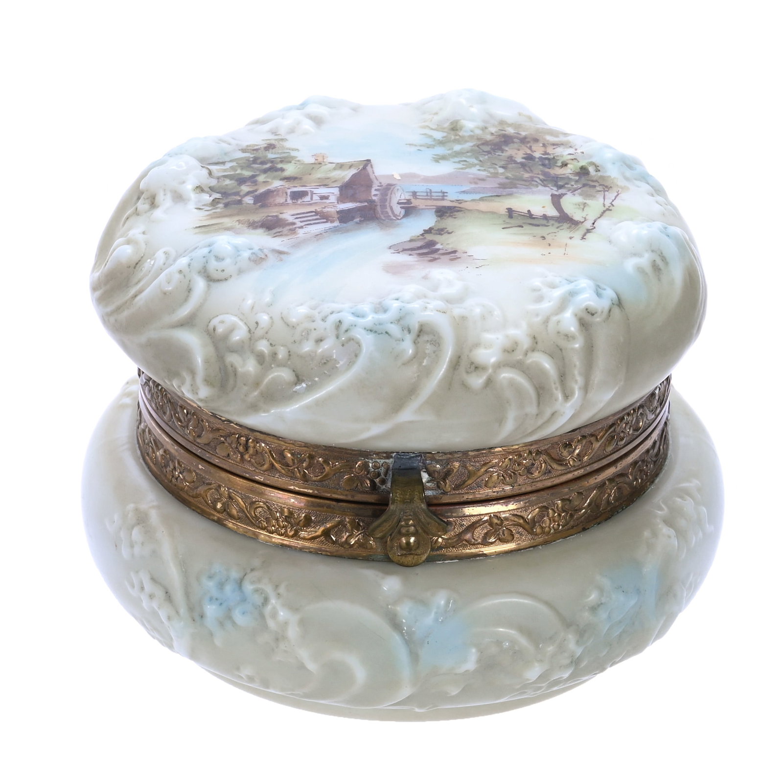 Jewel Box, Wave Crest Stamp Mark, Sea Foam Mold: Jewel Box, Wave Crest Stamp Mark, Sea Foam Mold, 4.5 x 4.5 x 3 Inches, Blue, Green And White Tones With Mill Scene Decor, 0.8 Pounds, John And Doris Carty Estate Collection, IA, Effective 6/6/26 -