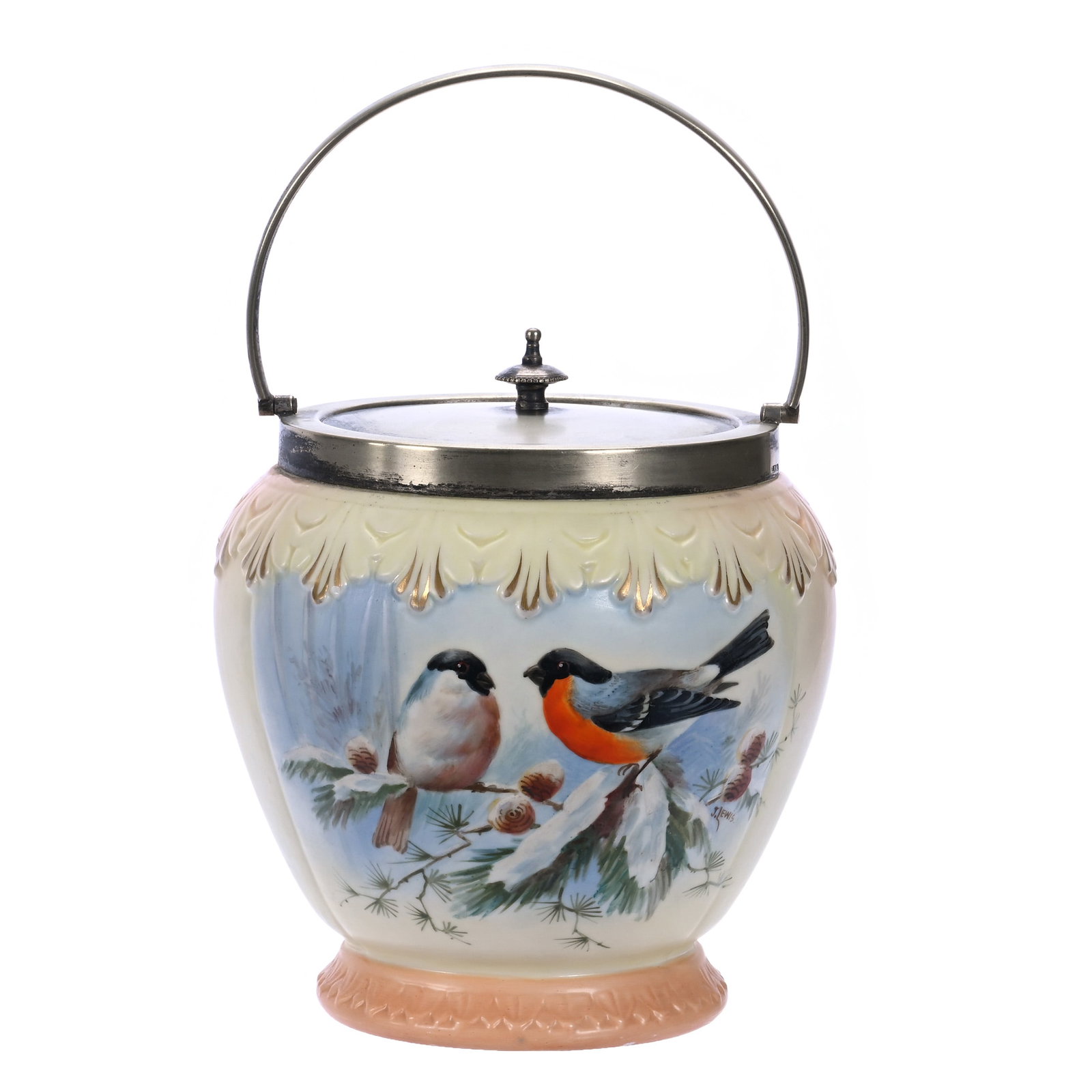 Biscuit Jar, Locke Worcester (Shrub Hill Works): Biscuit Jar, Locke Worcester (Shrub Hill Works), 6.5 x 5.75 x 5.75 Inches, Yellow And Salmon Tones With Birds And Winter Pine Decor, Artist Signed J. Lewis, Silverplate Lid And Bail, 1.8 Pounds, John
